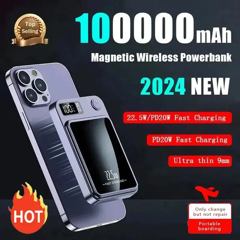 2024 New Wireless Power Bank 100000mAh  Magnetic Qi Portable Powerbank Type C Mini Fast Charger For iPhone Samsung Magsafe