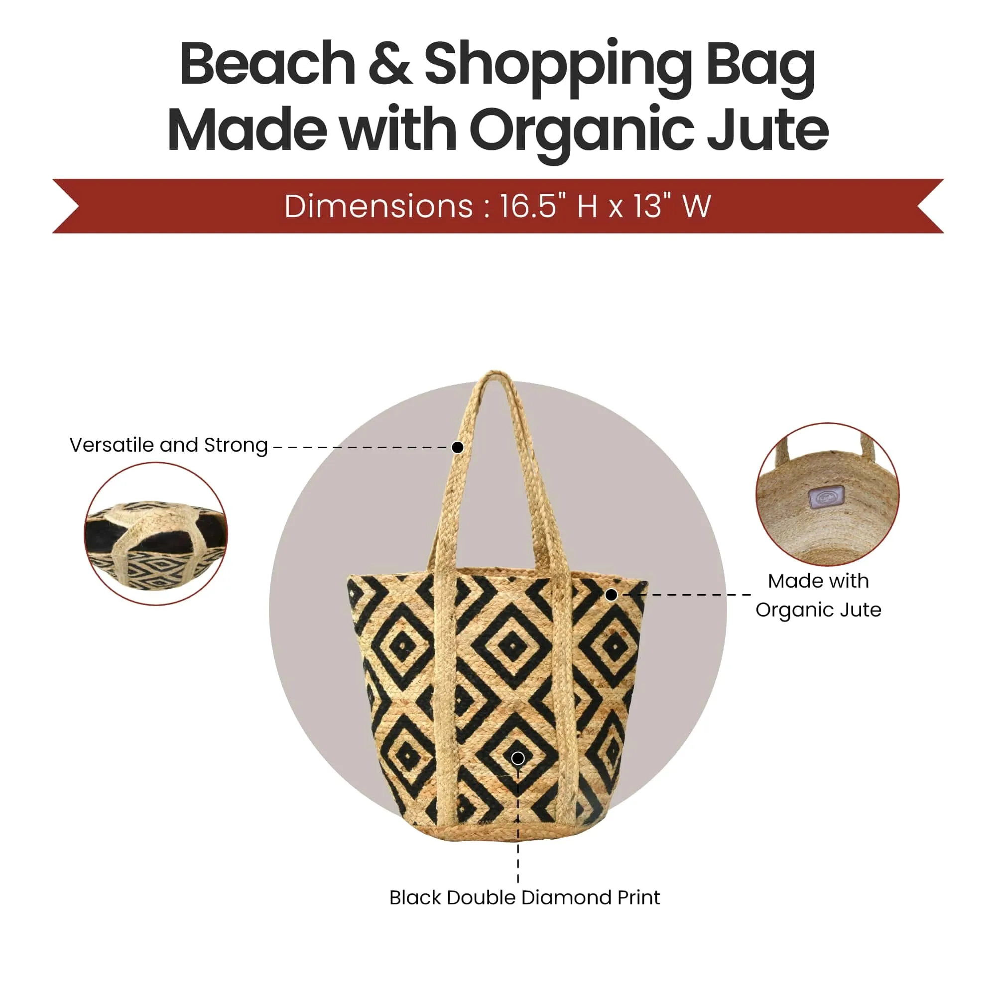 37002 Beach & Shopping Bag in Natural Jute with Double Diamond Print | Style n Craft