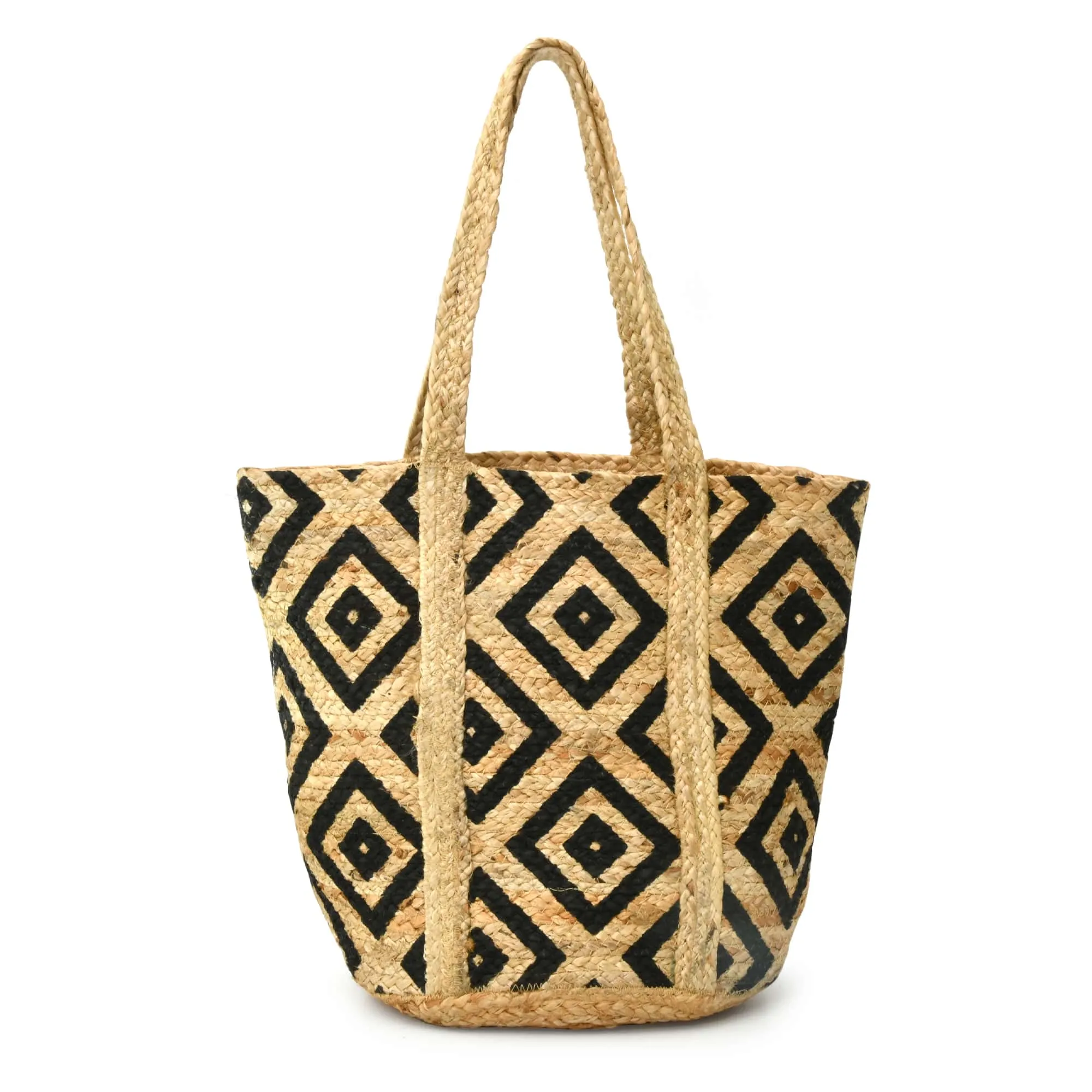 37002 Beach & Shopping Bag in Natural Jute with Double Diamond Print | Style n Craft