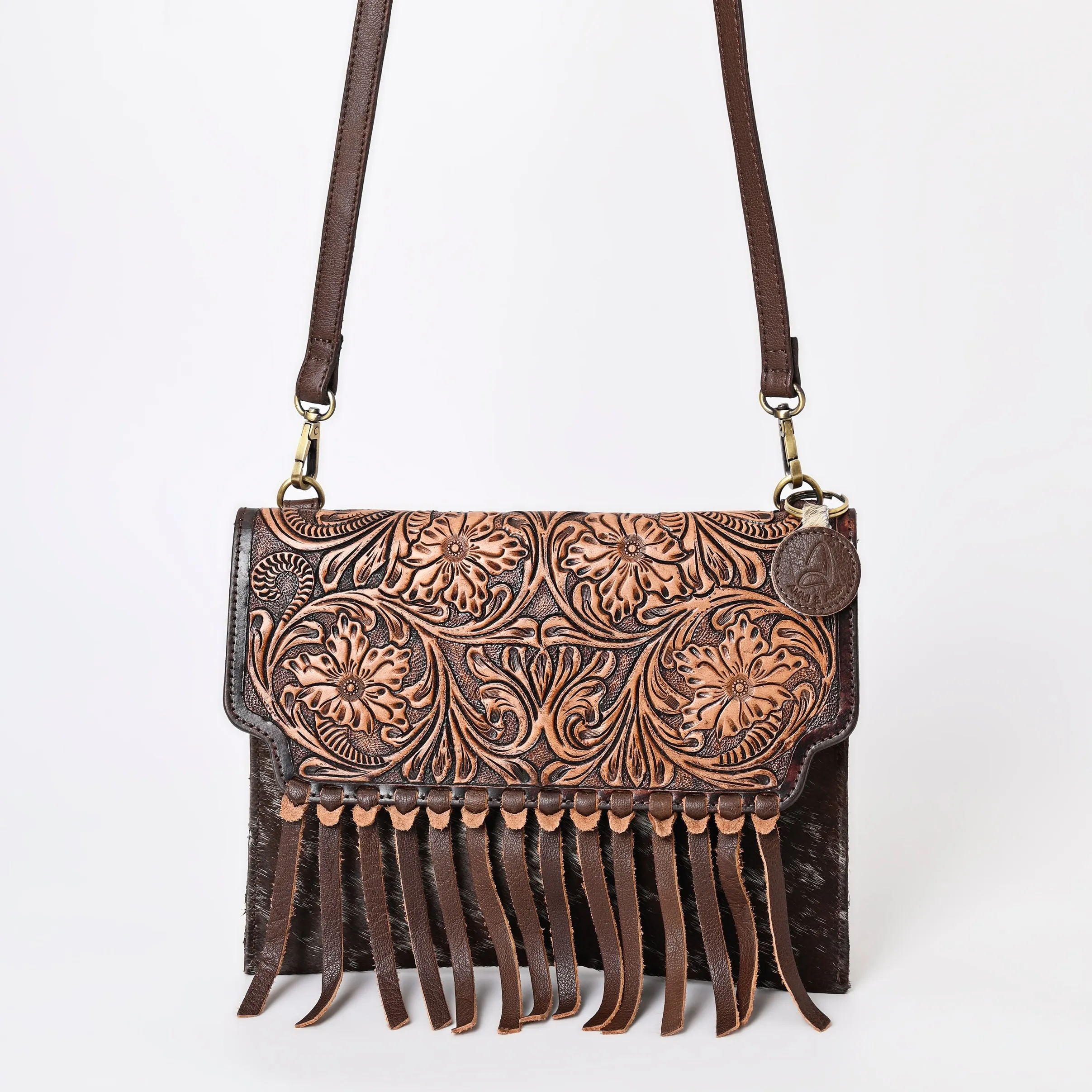 A&A-844A  Montana West Hand Tooled 100% Genuine Leather Hair On Cowhide  Fringe Crossbody