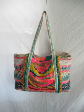 AMERICA & BEYOND Colorful Embroidered Tote Bag Satchel Shopper Ethnic Bead Sequin