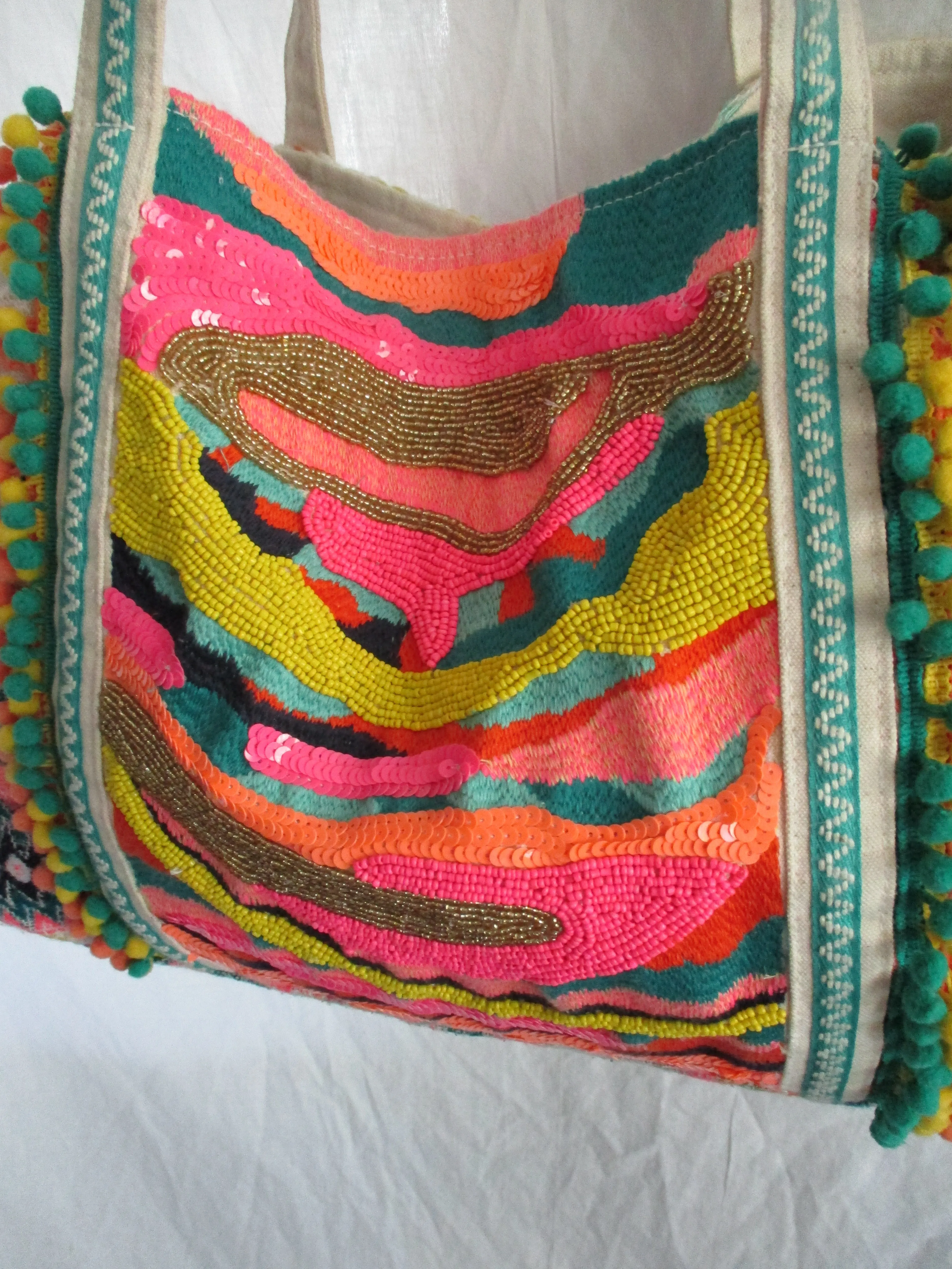 AMERICA & BEYOND Colorful Embroidered Tote Bag Satchel Shopper Ethnic Bead Sequin