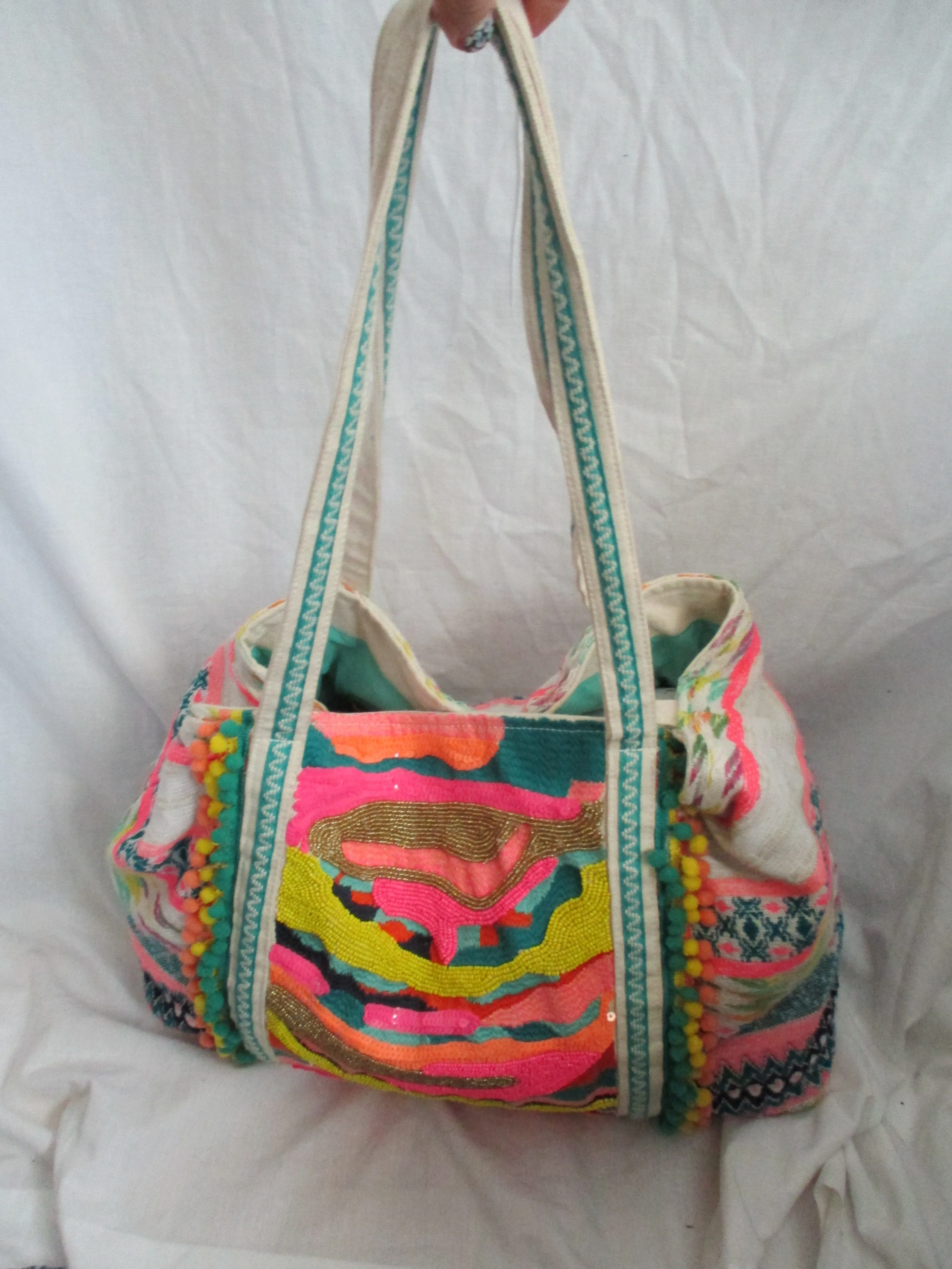 AMERICA & BEYOND Colorful Embroidered Tote Bag Satchel Shopper Ethnic Bead Sequin