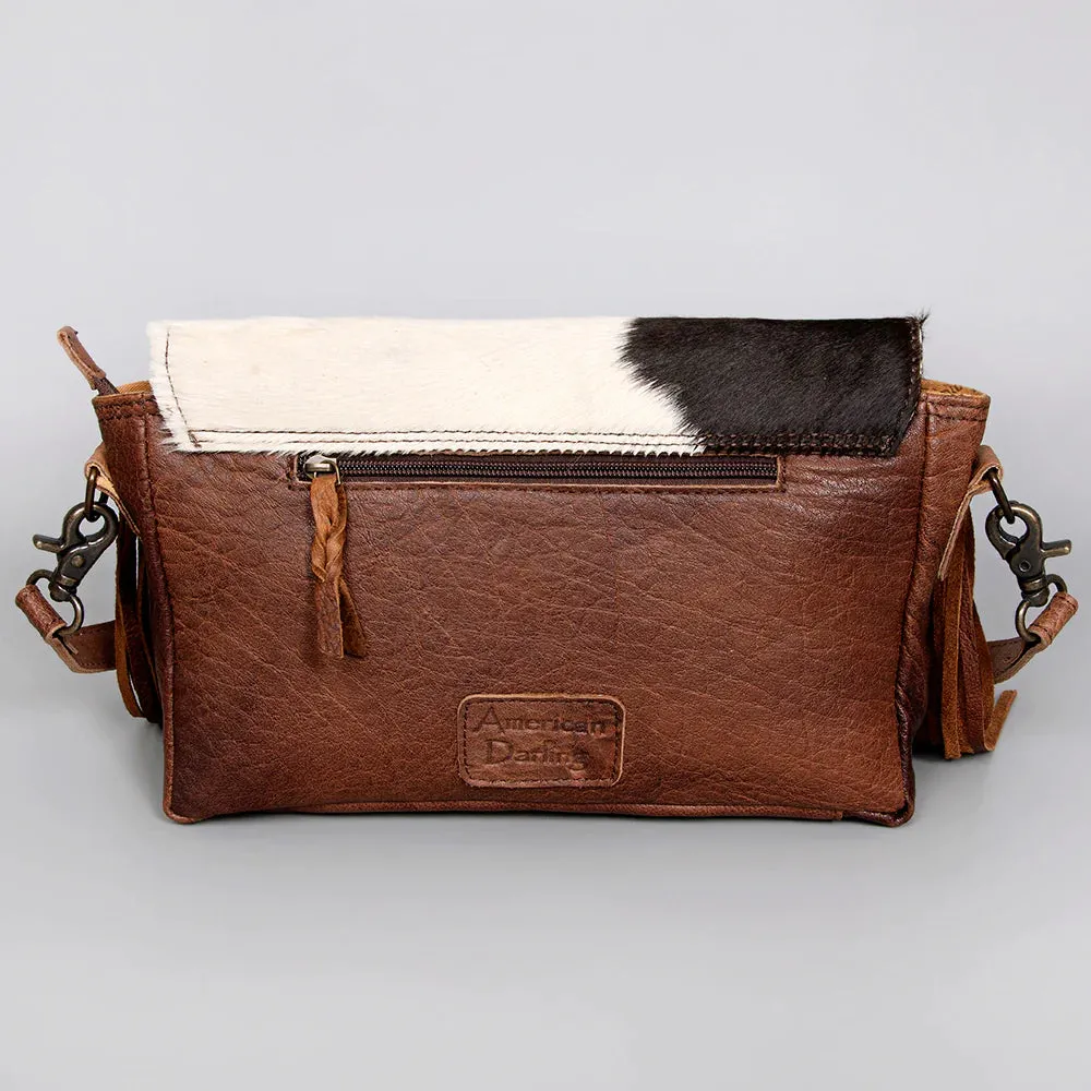 American Darling Brown White Hide and Fringe Purse