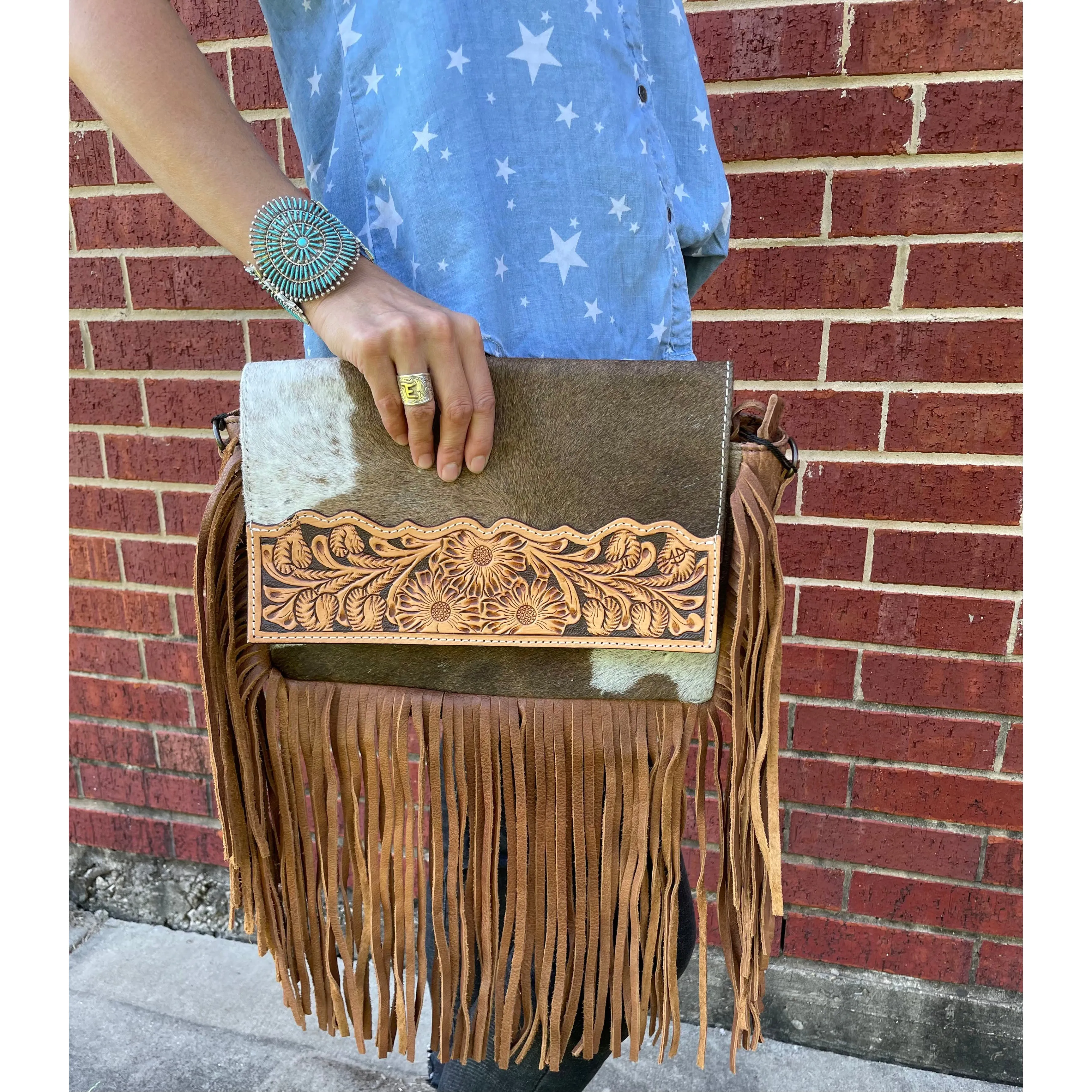 American Darling Brown White Hide and Fringe Purse