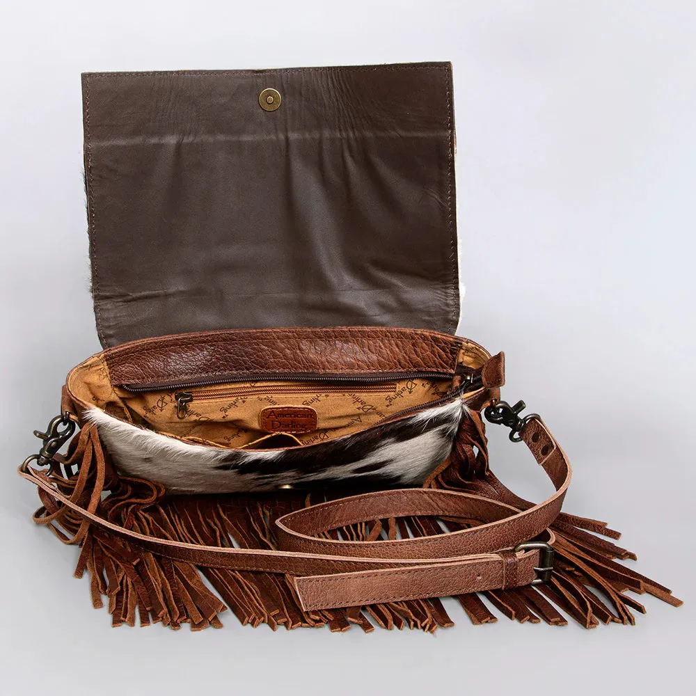 American Darling Brown White Hide and Fringe Purse