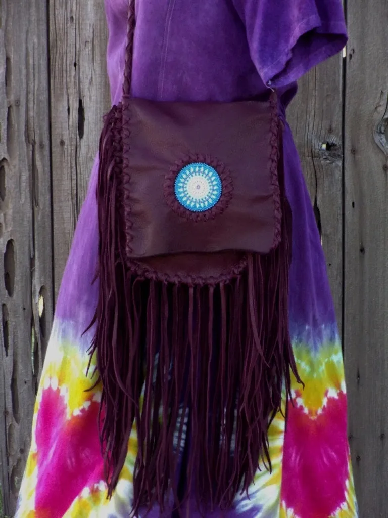 Beaded burgundy boho handbag , fringed leather purse