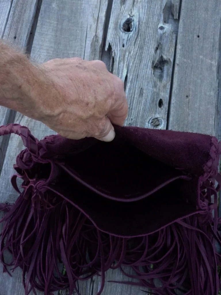 Beaded burgundy boho handbag , fringed leather purse