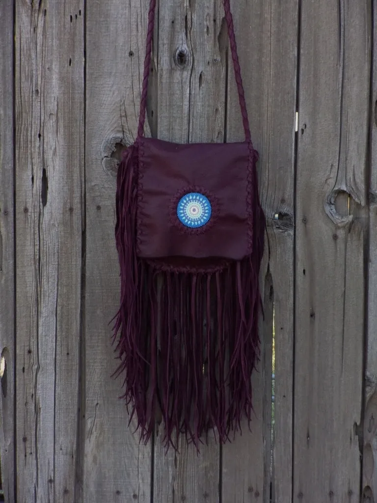 Beaded burgundy boho handbag , fringed leather purse