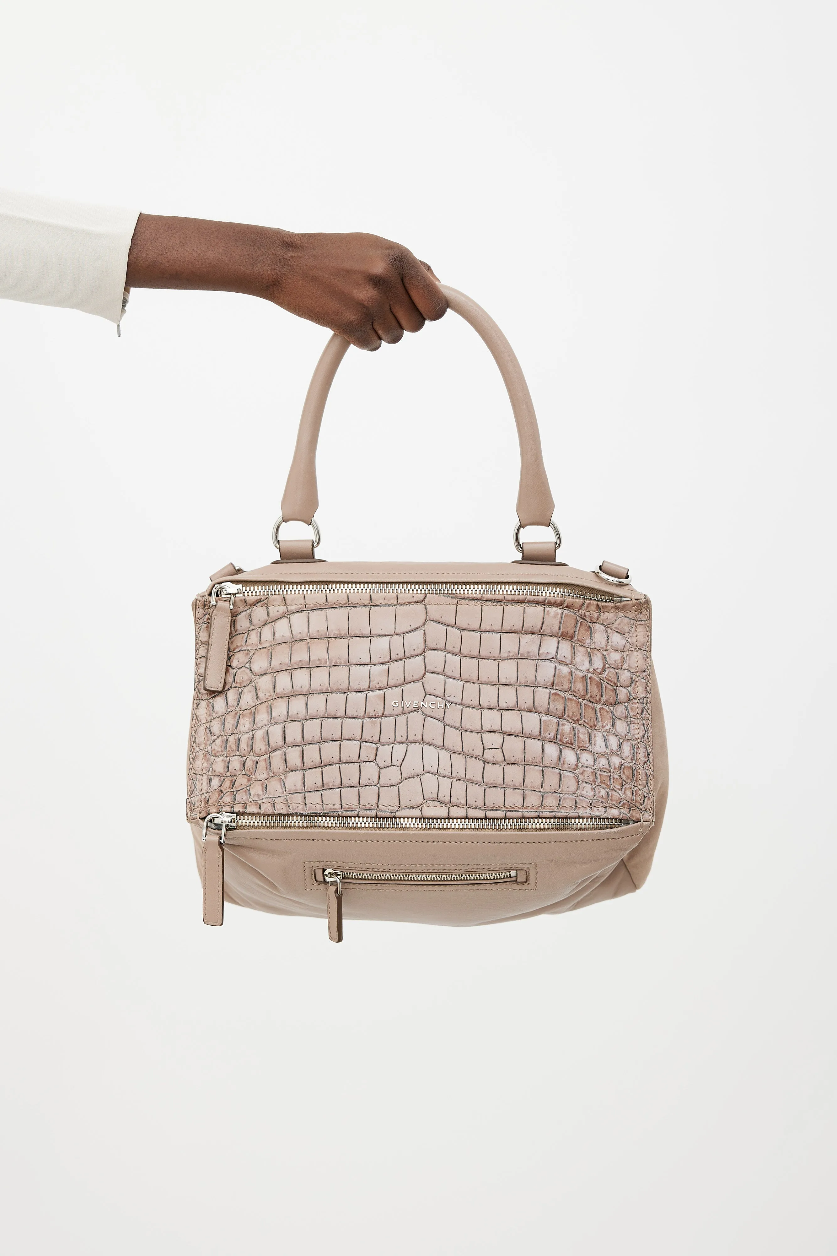 Beige Leather Embossed Print Pandora Bag