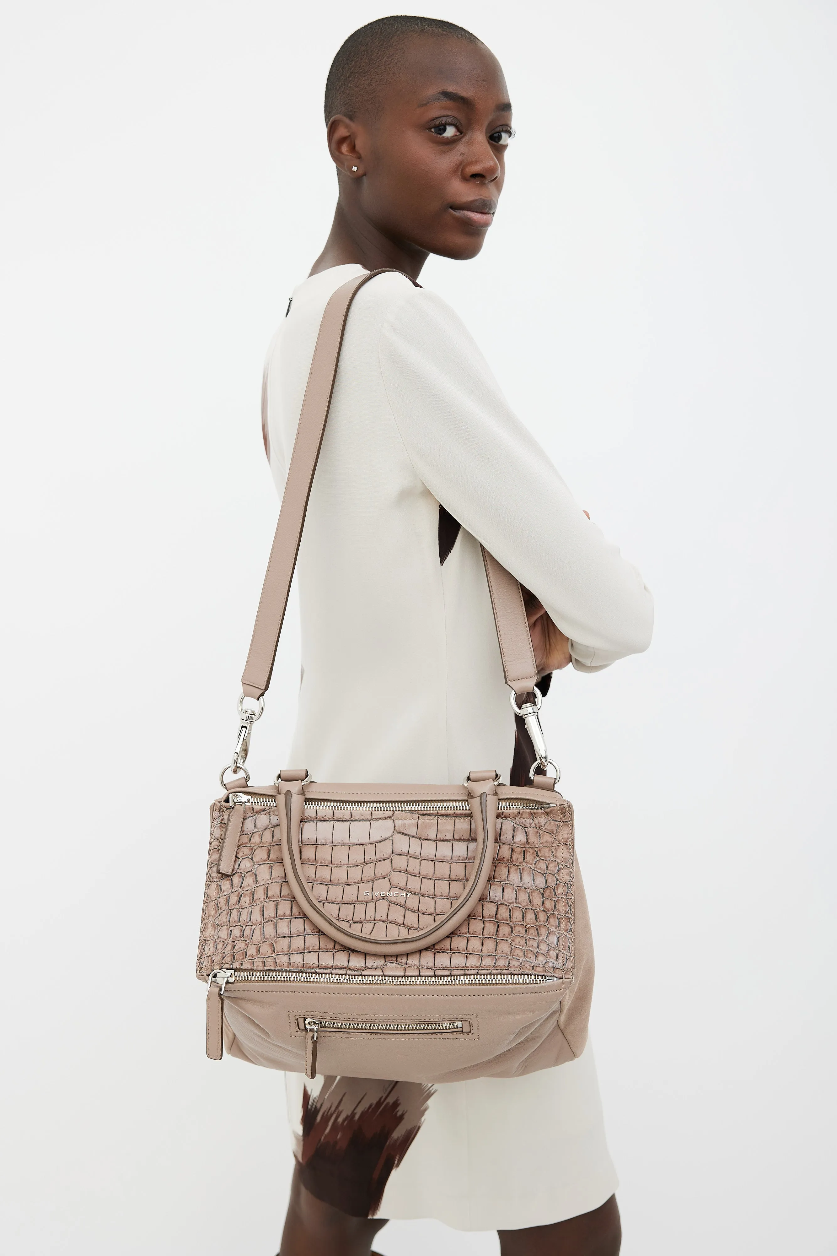 Beige Leather Embossed Print Pandora Bag