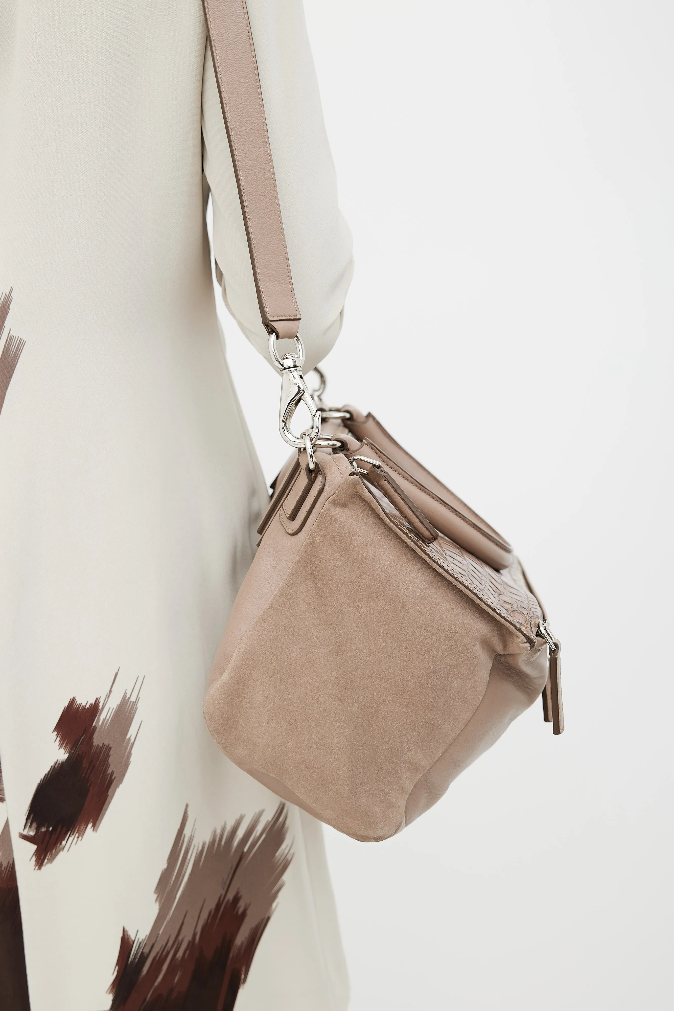 Beige Leather Embossed Print Pandora Bag