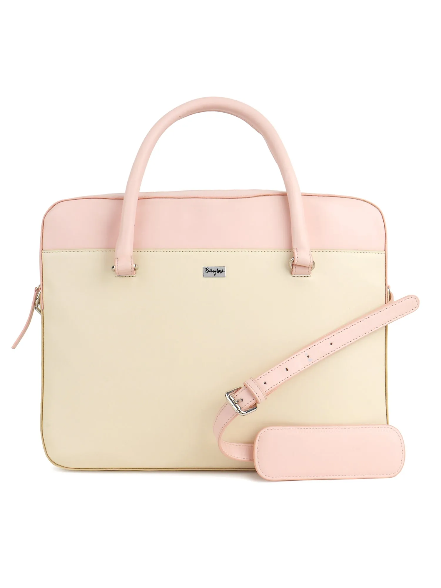 Berrylush Women Solid Pink & White PU Detachable Sling Strap Regular Laptop Bag