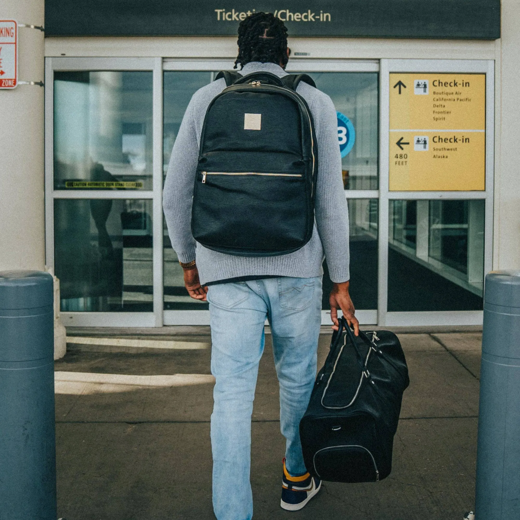 Black Leather 2 Bag Set (Commuter Backpack and Duffle)