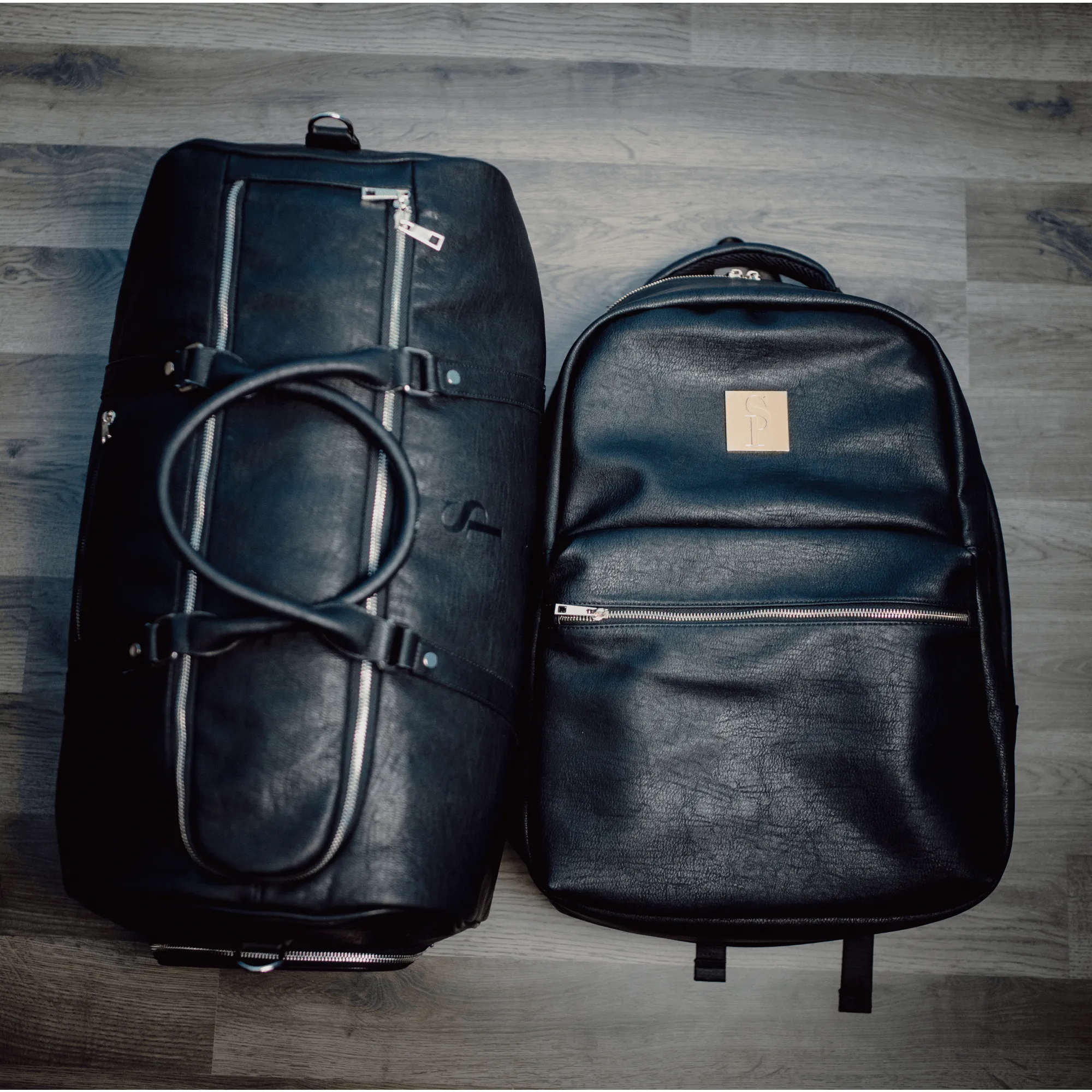 Black Leather 2 Bag Set (Commuter Backpack and Duffle)