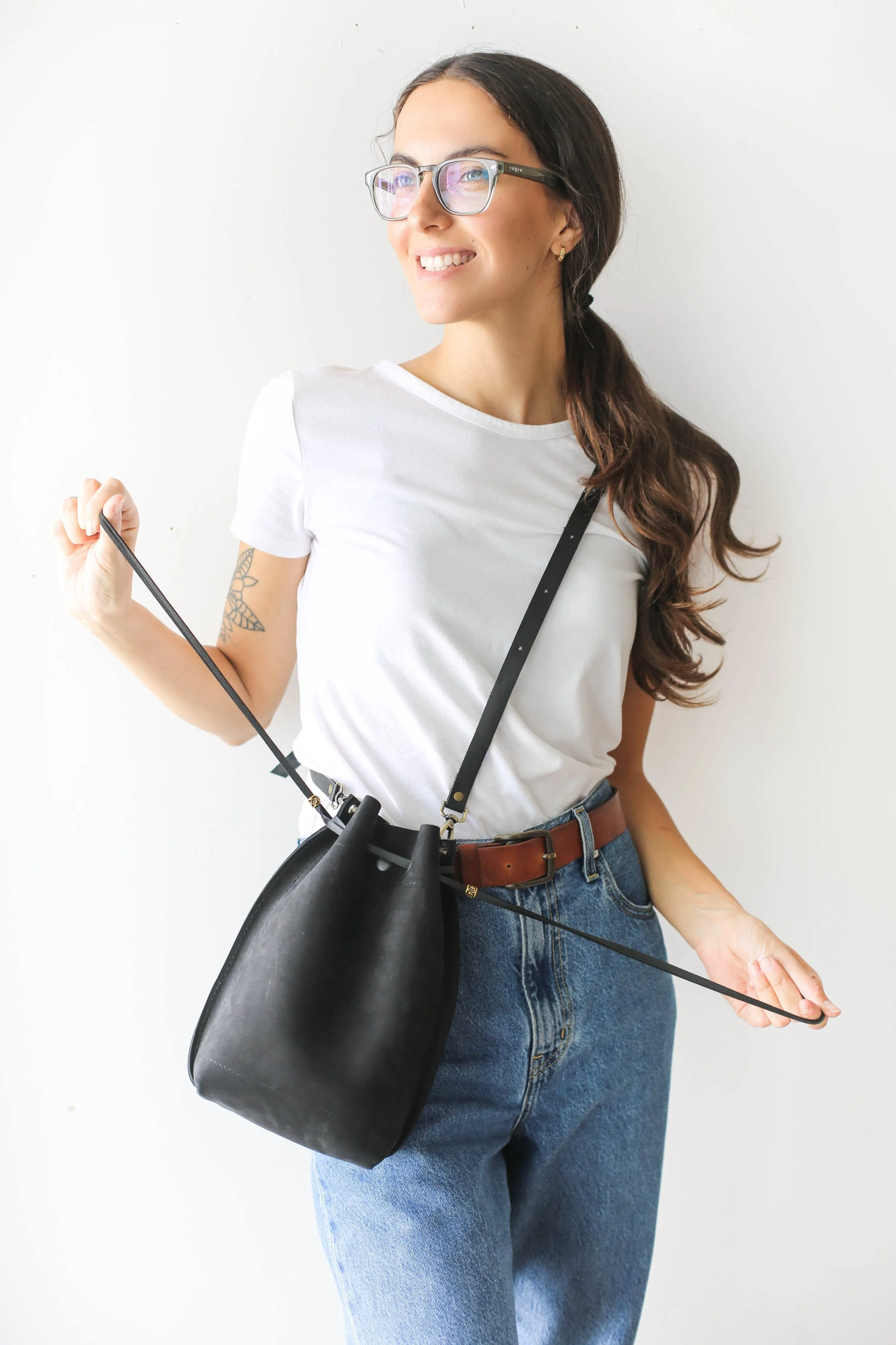 Black Nubuck Bucket Bag w/Drawstrings