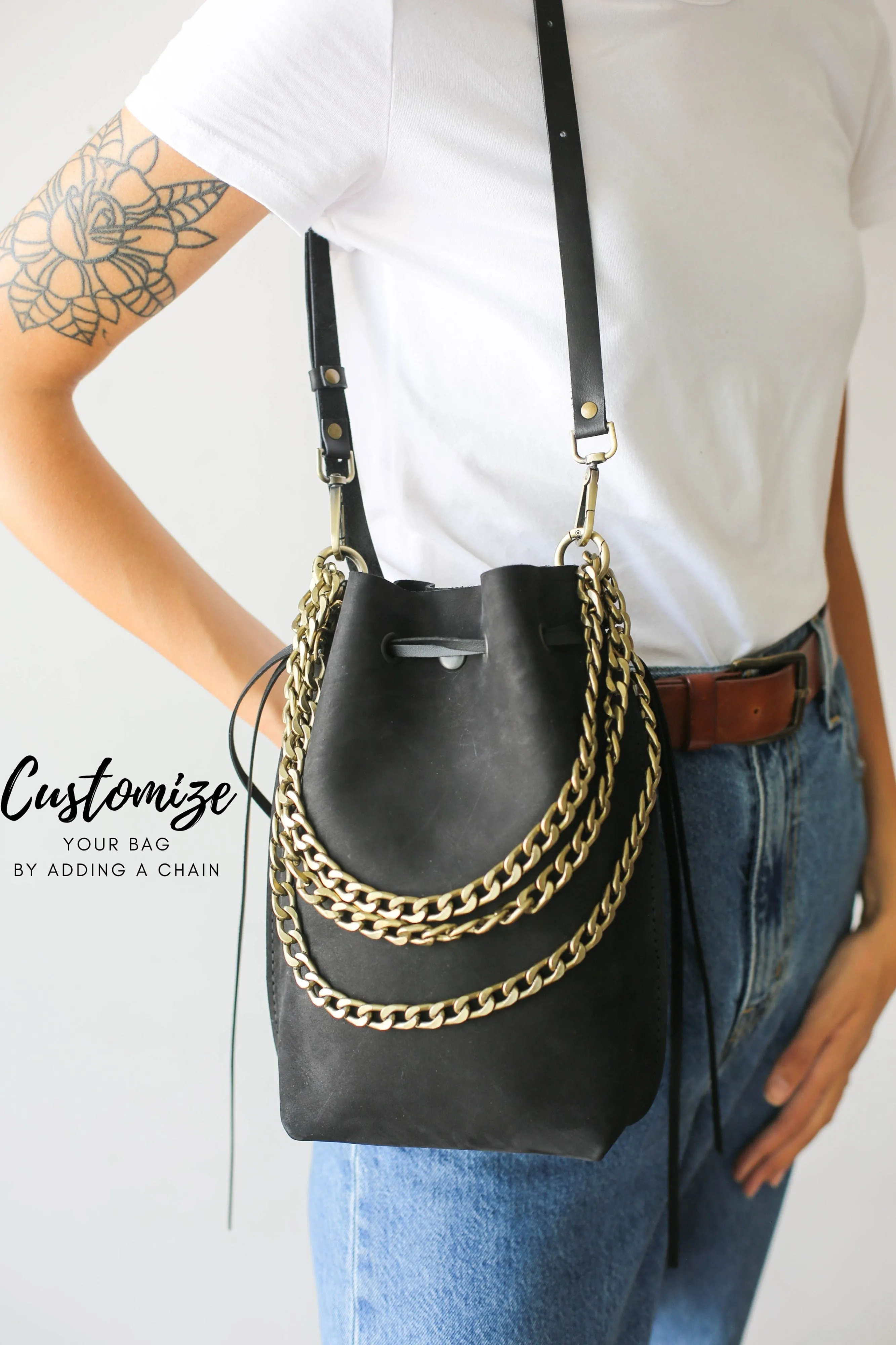 Black Nubuck Bucket Bag w/Drawstrings