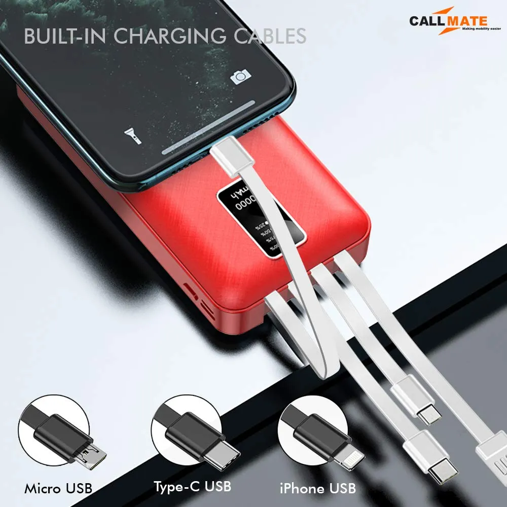 Callmate 20000mAh Power Bank, 15W Fast Charging| Buit-in Cables | 4 Output Ports and 3 Input | for iPhone, Smartphones & Other Devices (15 W, Fast Charging) (Red, Lithium Polymer)