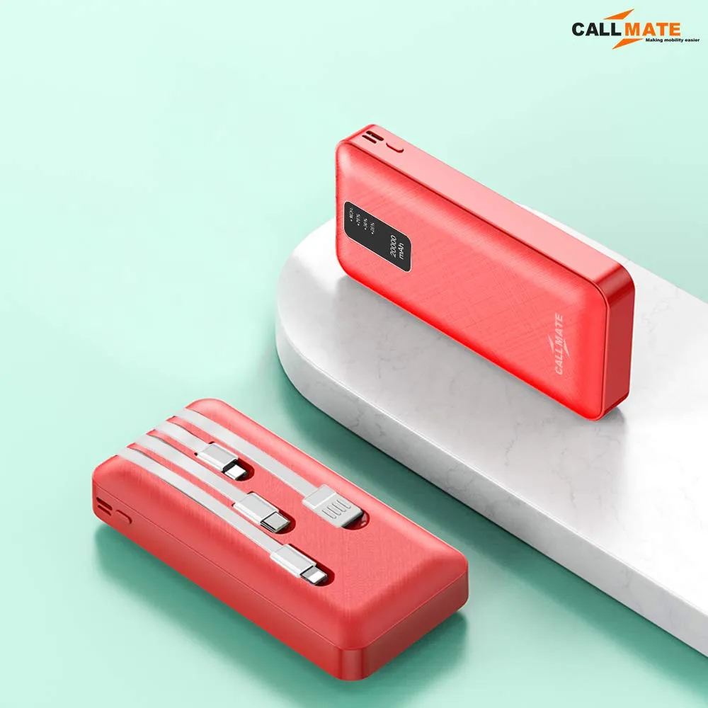 Callmate 20000mAh Power Bank, 15W Fast Charging| Buit-in Cables | 4 Output Ports and 3 Input | for iPhone, Smartphones & Other Devices (15 W, Fast Charging) (Red, Lithium Polymer)