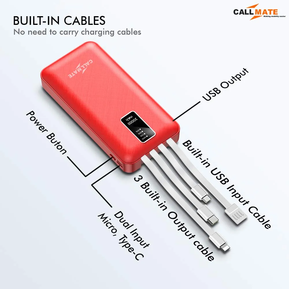 Callmate 20000mAh Power Bank, 15W Fast Charging| Buit-in Cables | 4 Output Ports and 3 Input | for iPhone, Smartphones & Other Devices (15 W, Fast Charging) (Red, Lithium Polymer)