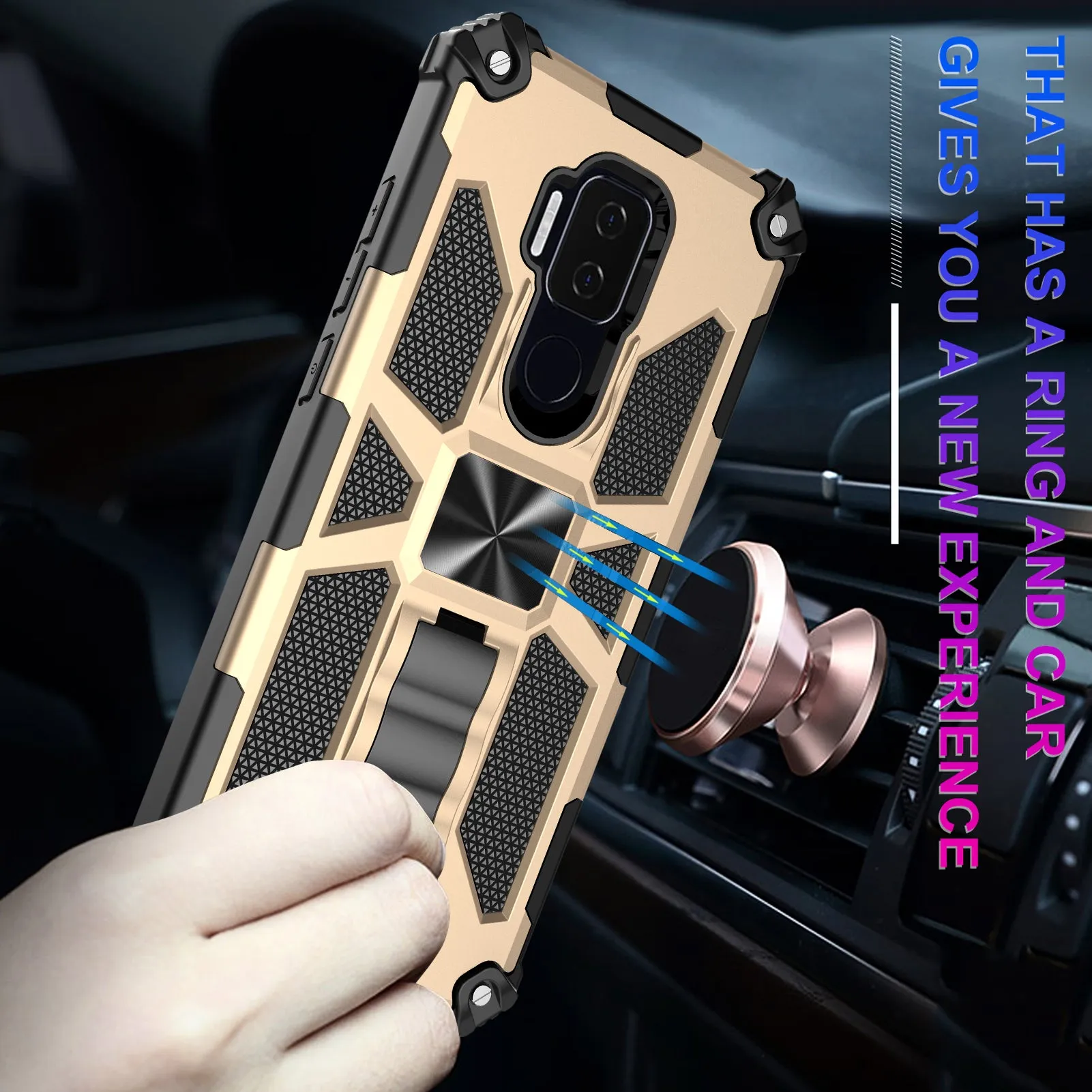 Cricket Influence Case/AT&T Maestro Plus Case [Military Grade] Ring Car Mount Kickstand Hybrid Hard PC Soft TPU Shockproof Protective Case - Gold