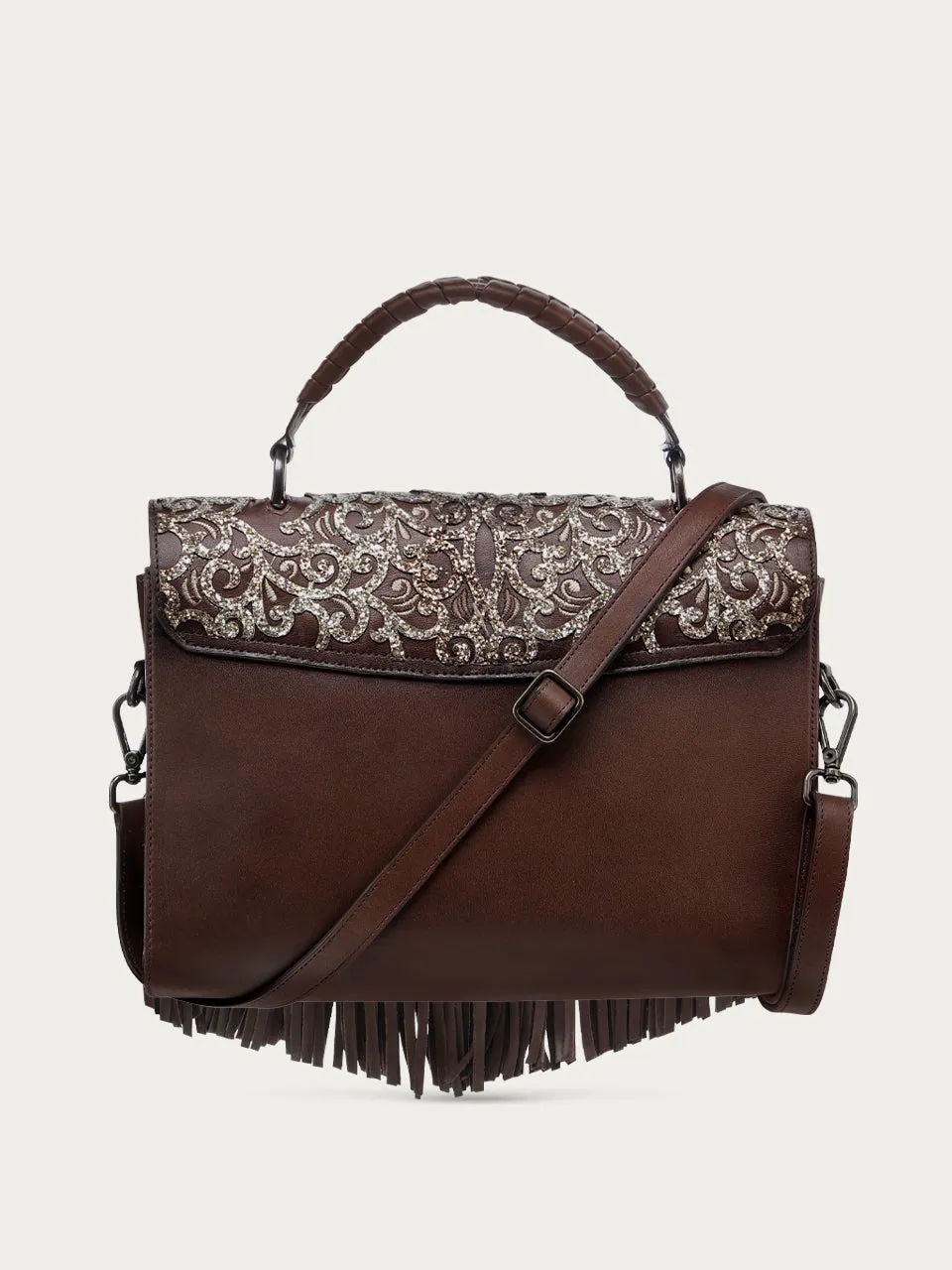 D1348 - LADIES CHOCOLATE FRINGE AND OVERLAY GLITTLER SADDLE BAG