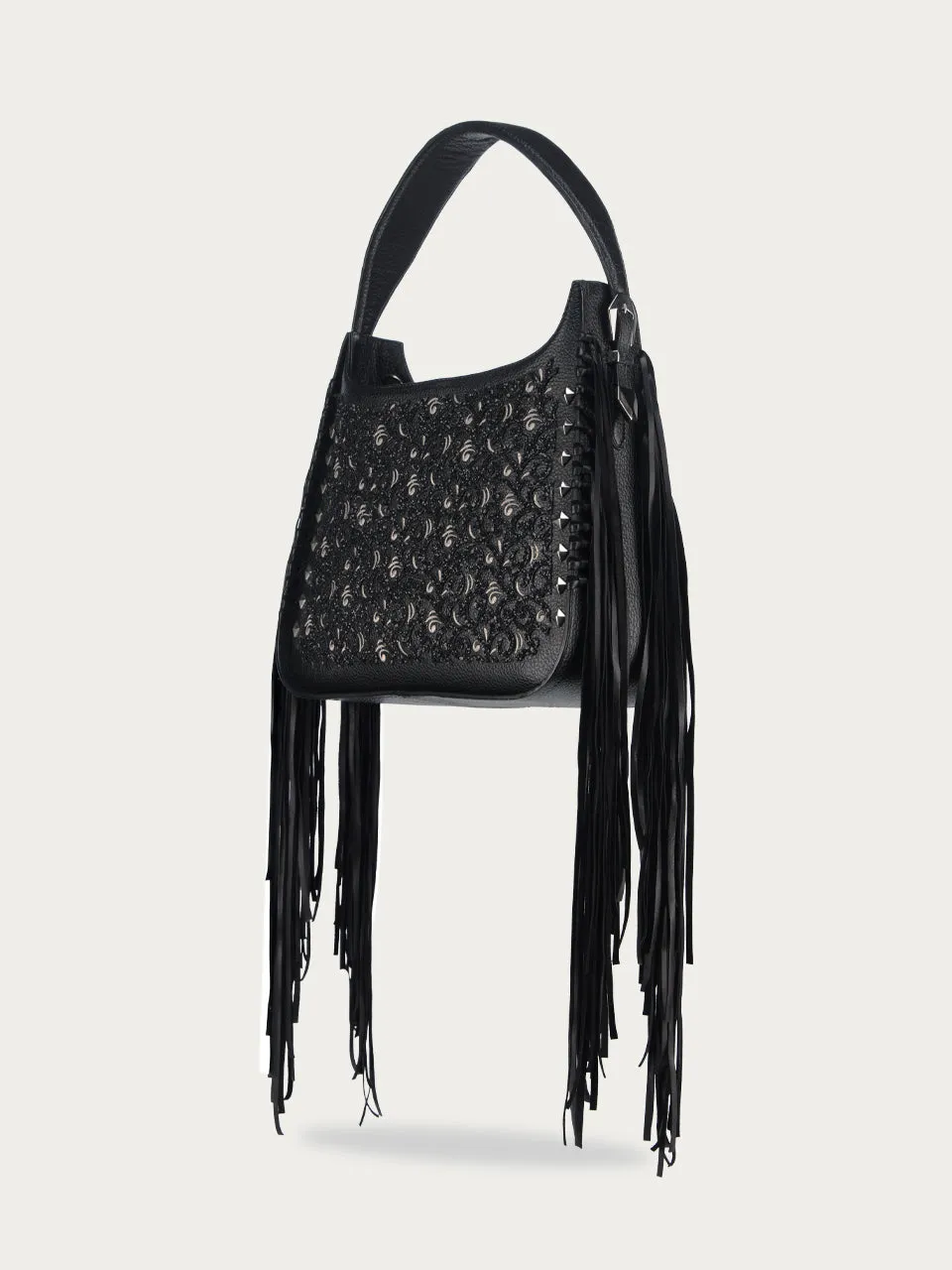 D1349 - LADIES BLACK FRINGE AND OVERLAY GLITTLER SADDLE BAG