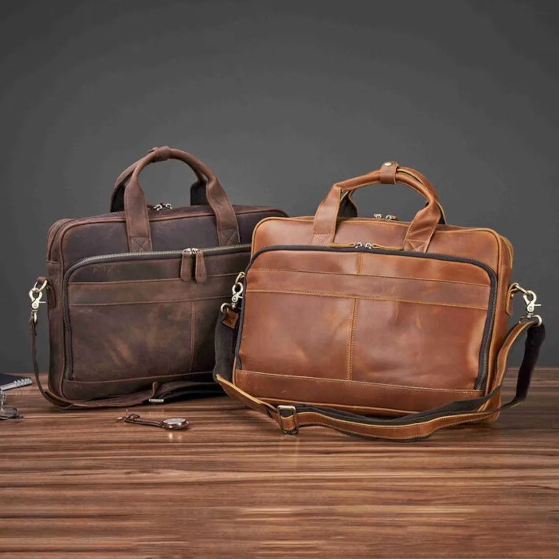 Dazzlo Vintage Leather Laptop Briefcase - Brown / Vintage Brown - 17"