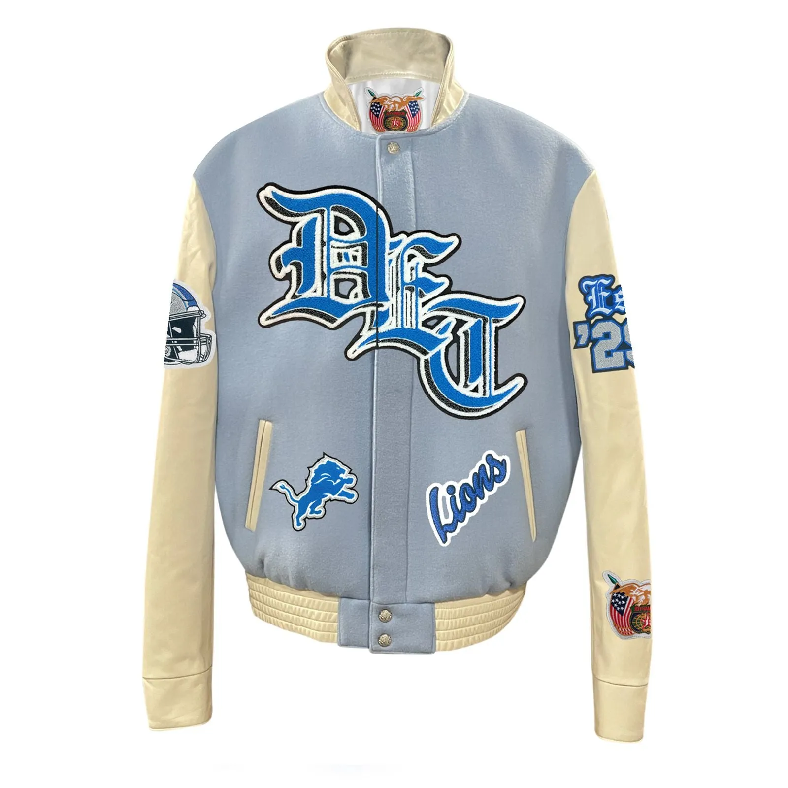 DETROIT LIONS WOOL & LEATHER VARSITY OLD ENGLISH JACKET Baby Blue