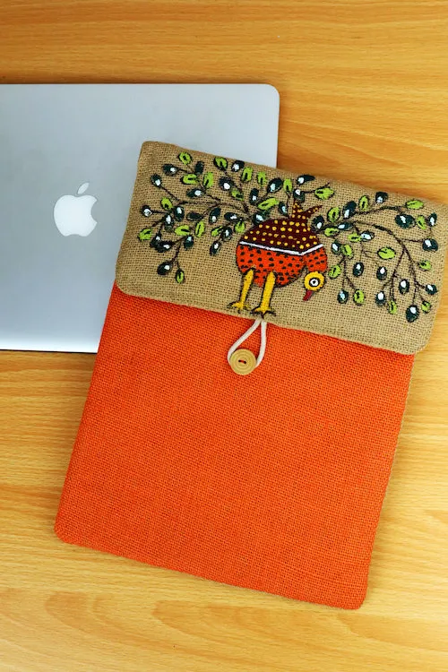 Diorama Designs Gond Art Jute Handpainted Laptop Sleeve