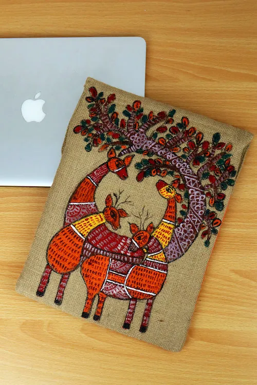 Diorama Designs Gond Art Jute Handpainted Laptop Sleeve