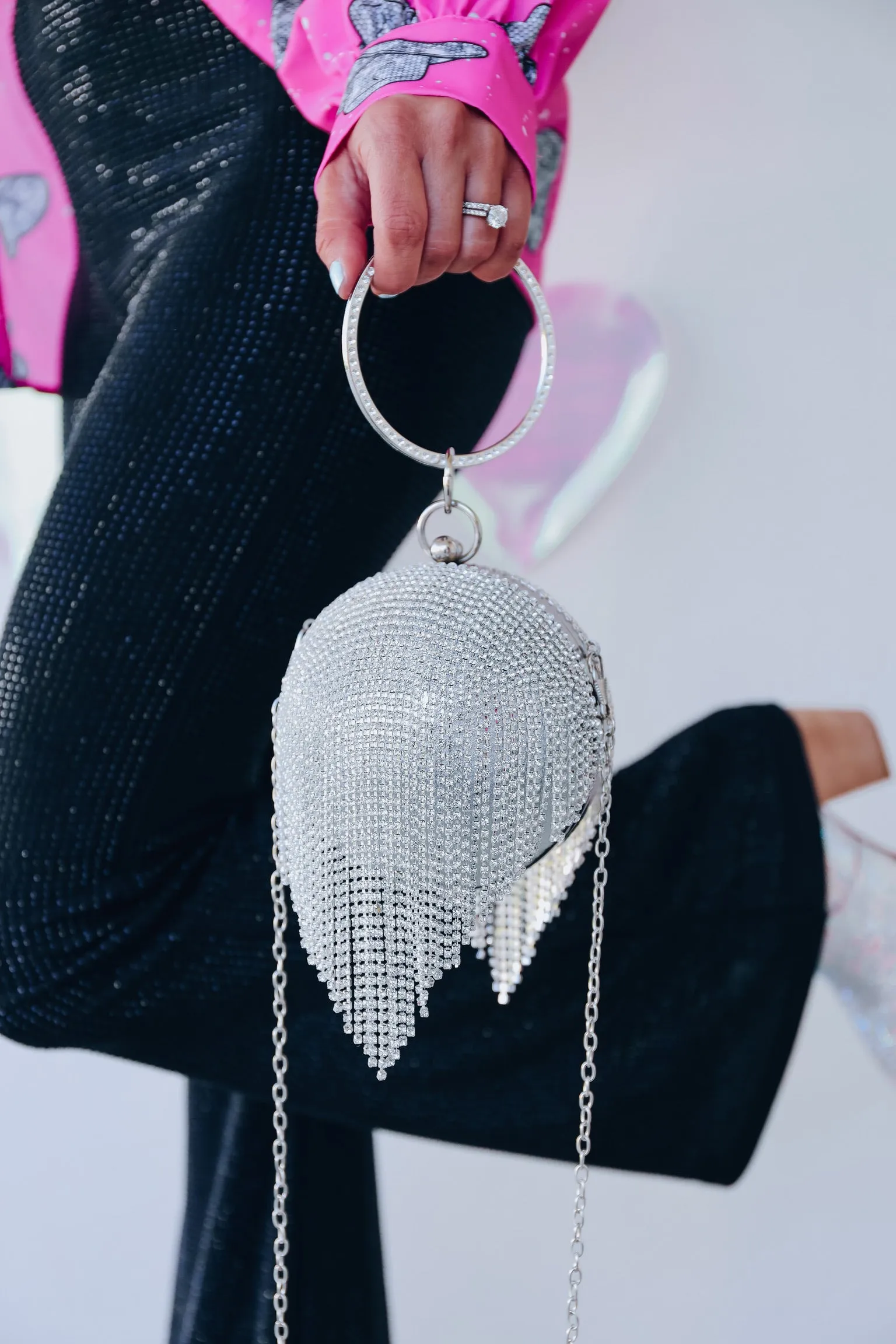 Disco Rhinestone Fringe Bag - Silver