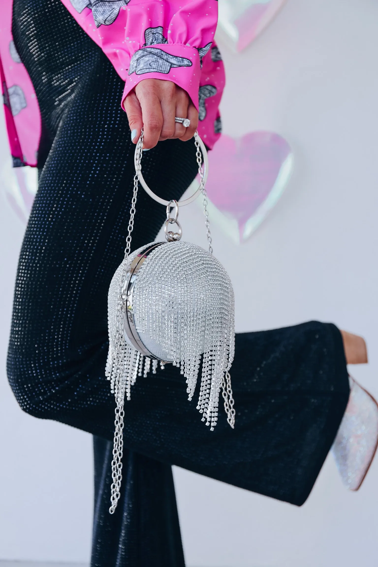 Disco Rhinestone Fringe Bag - Silver