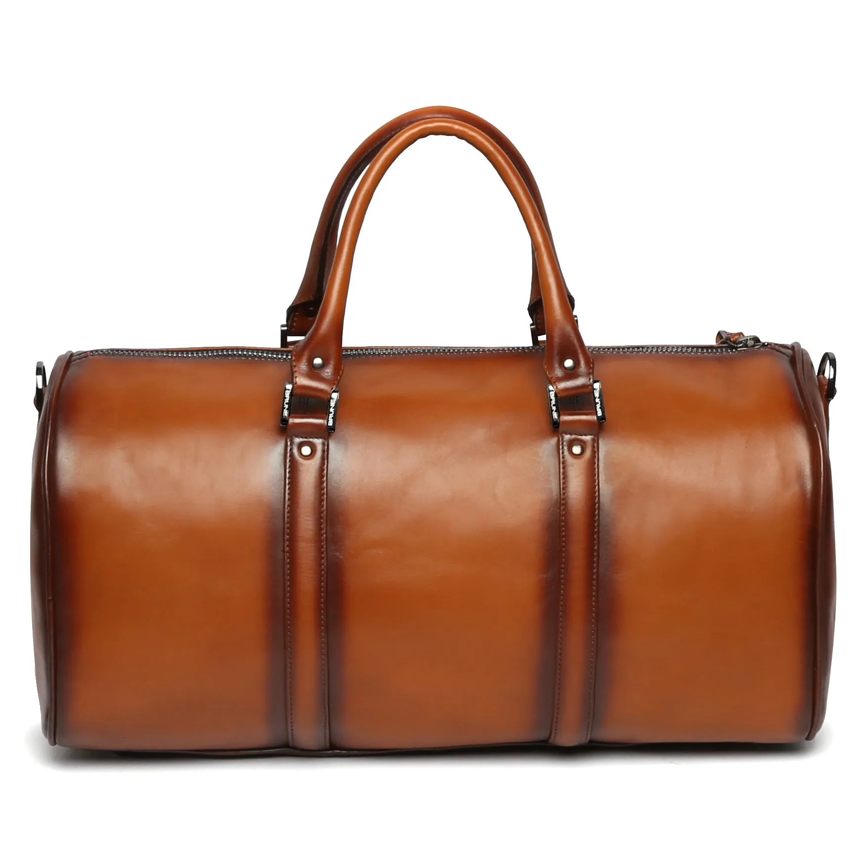 Embossed Lion Tan Leather Zip Closure Duffle Bag By Brune & Bareskin