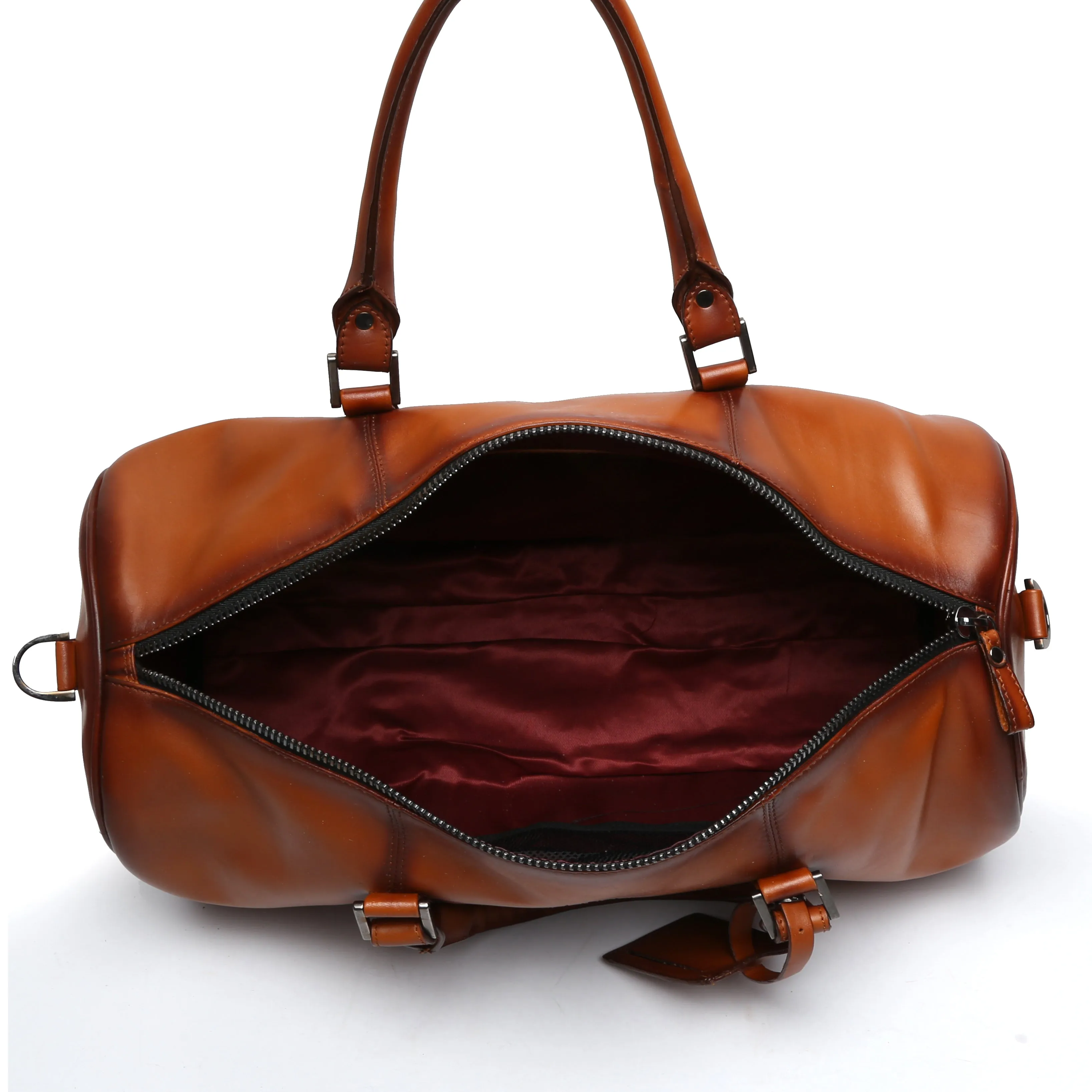 Embossed Lion Tan Leather Zip Closure Duffle Bag By Brune & Bareskin