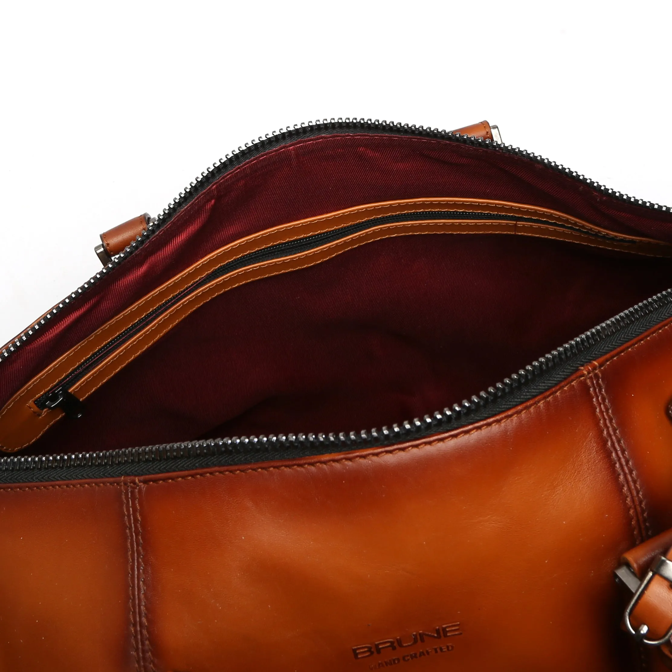 Embossed Lion Tan Leather Zip Closure Duffle Bag By Brune & Bareskin