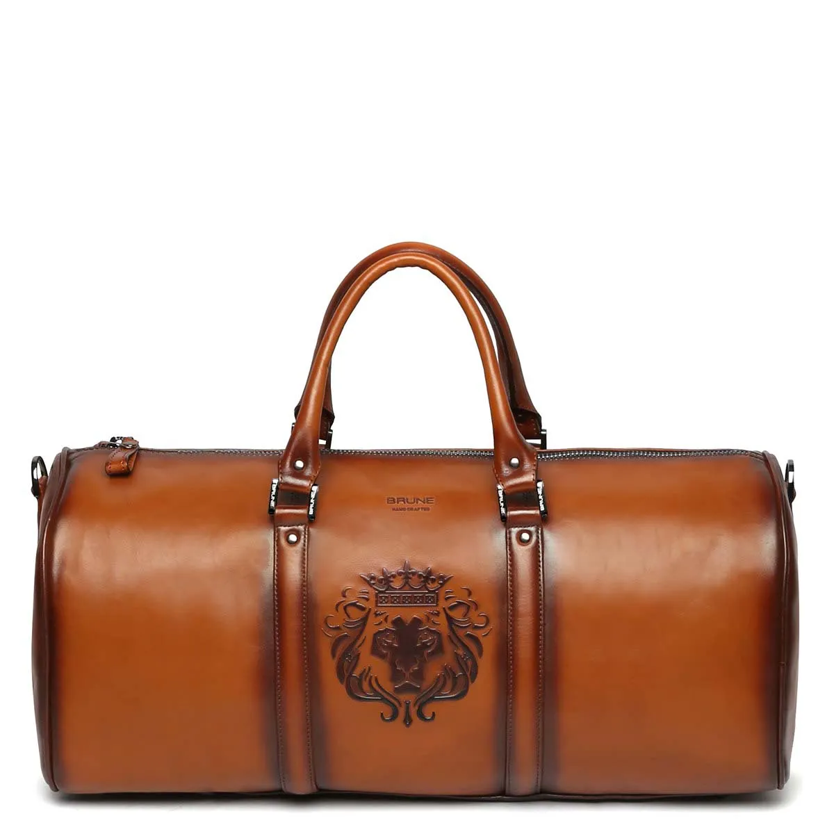 Embossed Lion Tan Leather Zip Closure Duffle Bag By Brune & Bareskin