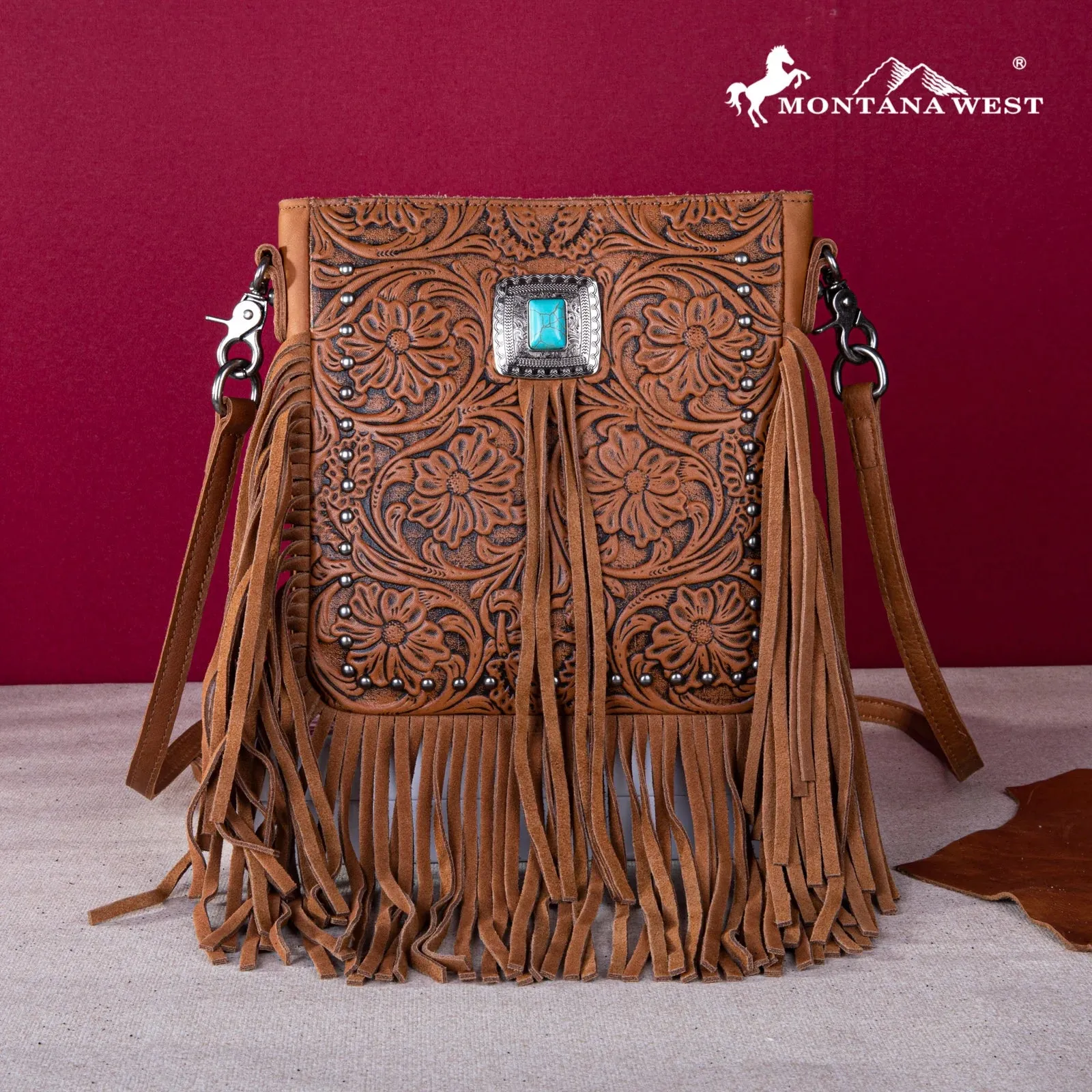 Genuine Tooled Silver Turquoise Concho Fringed Crossbody