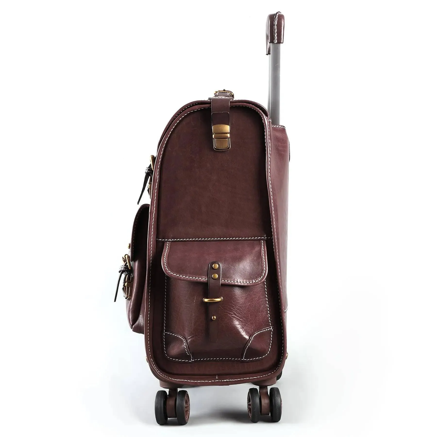 Genuine Vintage Vegetable Tanned Leather Check-In  Carry On Business Rolling Bag Rotate Universal Wheel 23 Inch Leather Business Trolley Bag