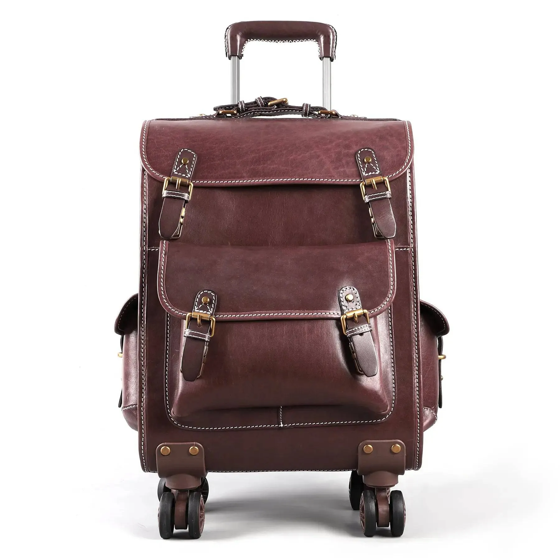 Genuine Vintage Vegetable Tanned Leather Check-In  Carry On Business Rolling Bag Rotate Universal Wheel 23 Inch Leather Business Trolley Bag