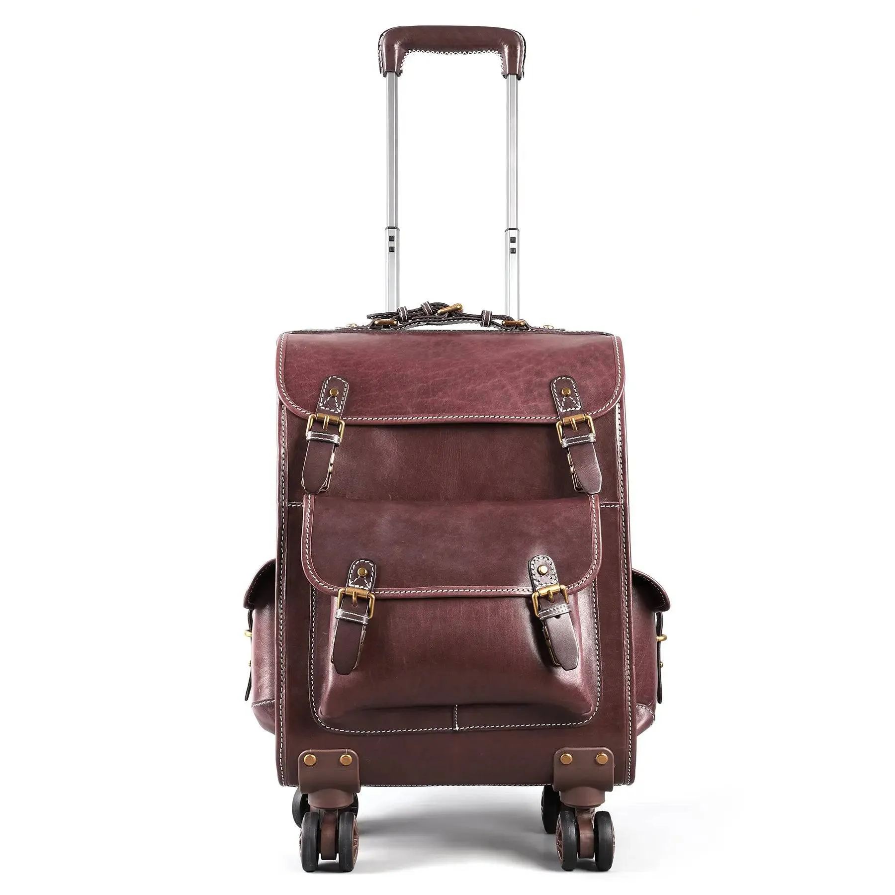 Genuine Vintage Vegetable Tanned Leather Check-In  Carry On Business Rolling Bag Rotate Universal Wheel 23 Inch Leather Business Trolley Bag