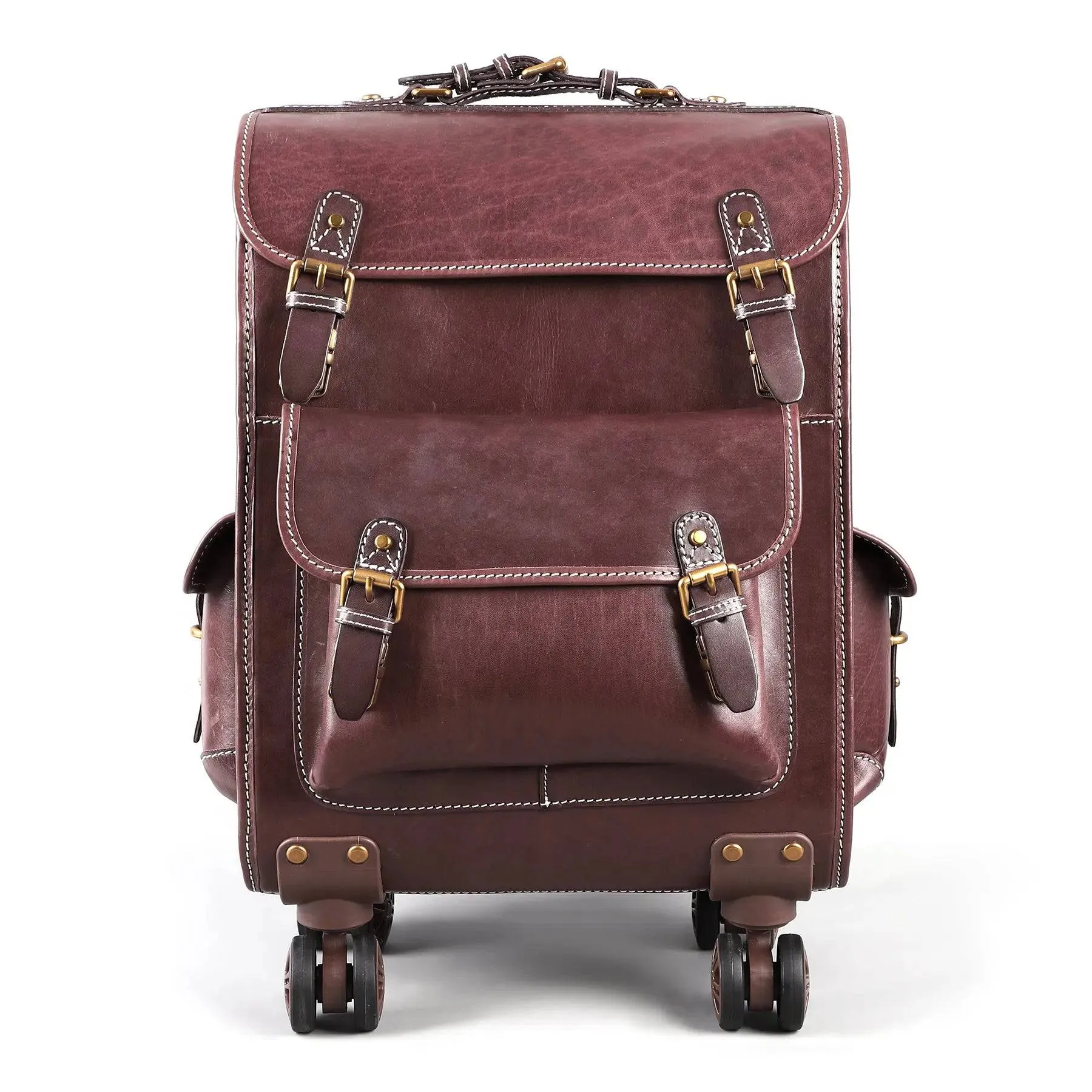 Genuine Vintage Vegetable Tanned Leather Check-In  Carry On Business Rolling Bag Rotate Universal Wheel 23 Inch Leather Business Trolley Bag