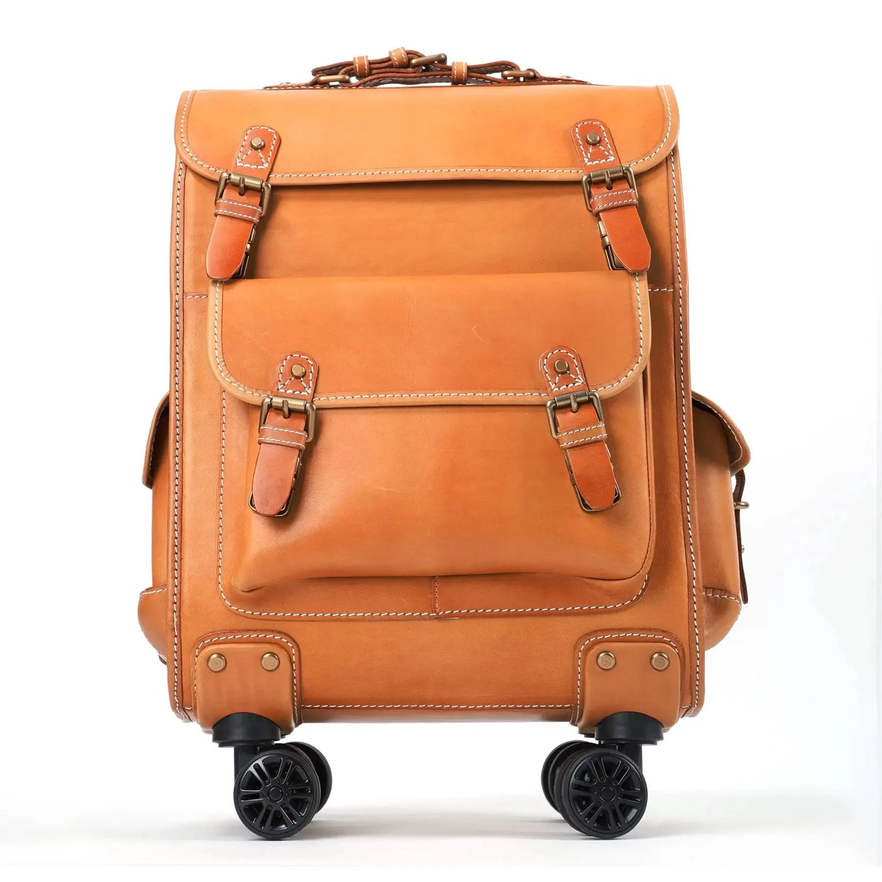 Genuine Vintage Vegetable Tanned Leather Check-In  Carry On Business Rolling Bag Rotate Universal Wheel 23 Inch Leather Business Trolley Bag