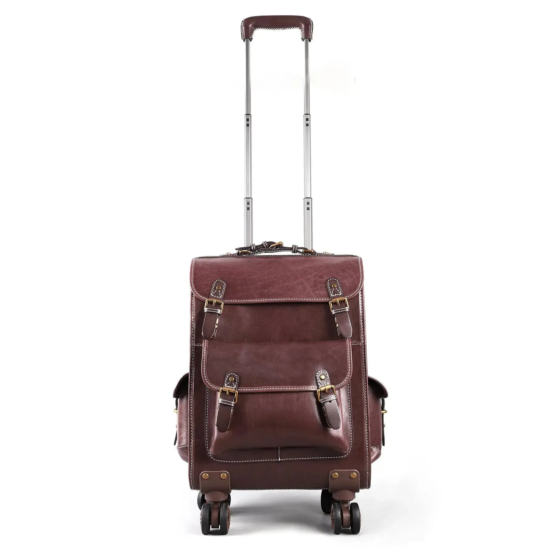 Genuine Vintage Vegetable Tanned Leather Check-In  Carry On Business Rolling Bag Rotate Universal Wheel 23 Inch Leather Business Trolley Bag