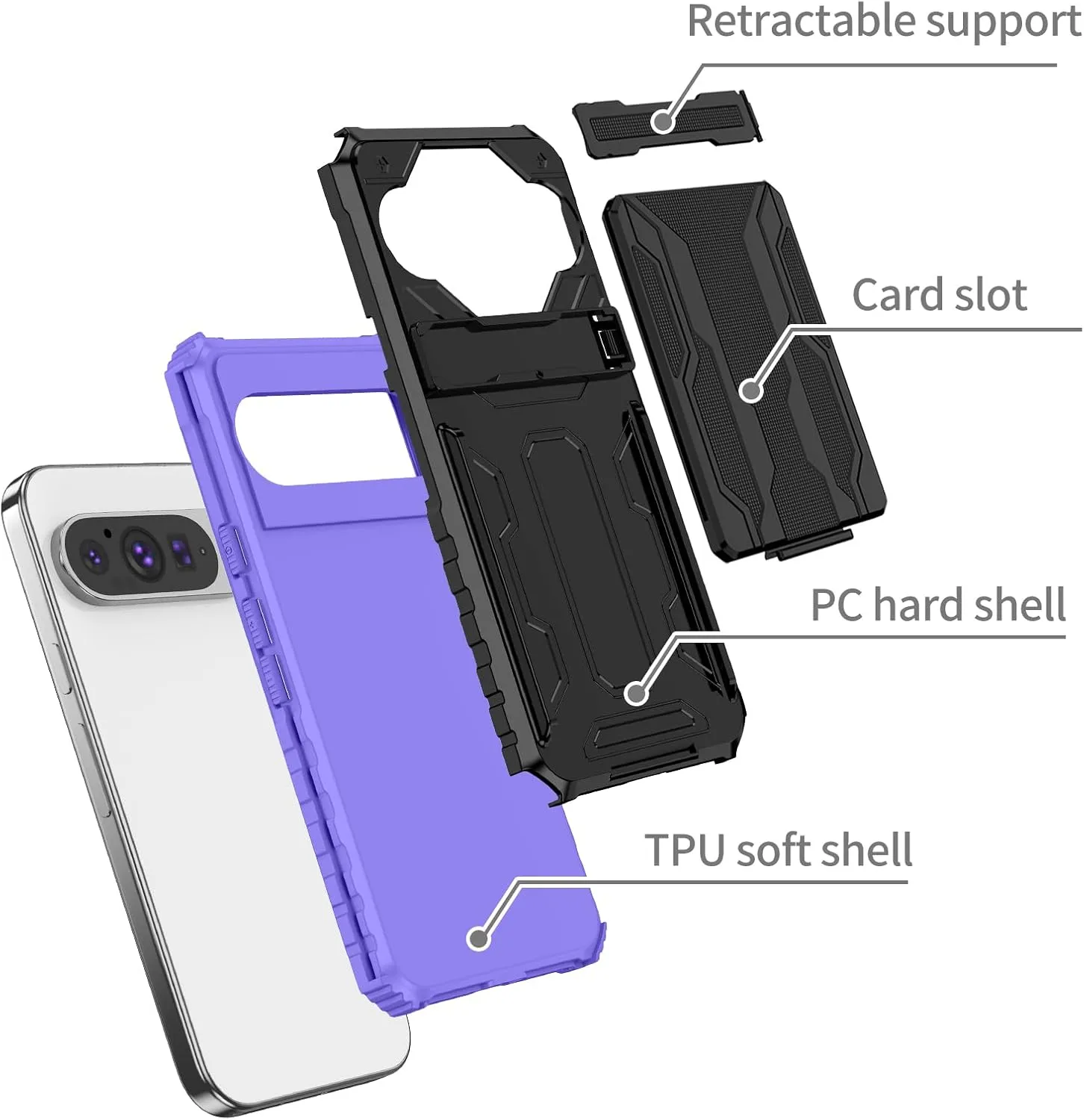 Google Pixel 9 Pro Wallet Holder Stand Kickstand Protective Phone Case - Purple