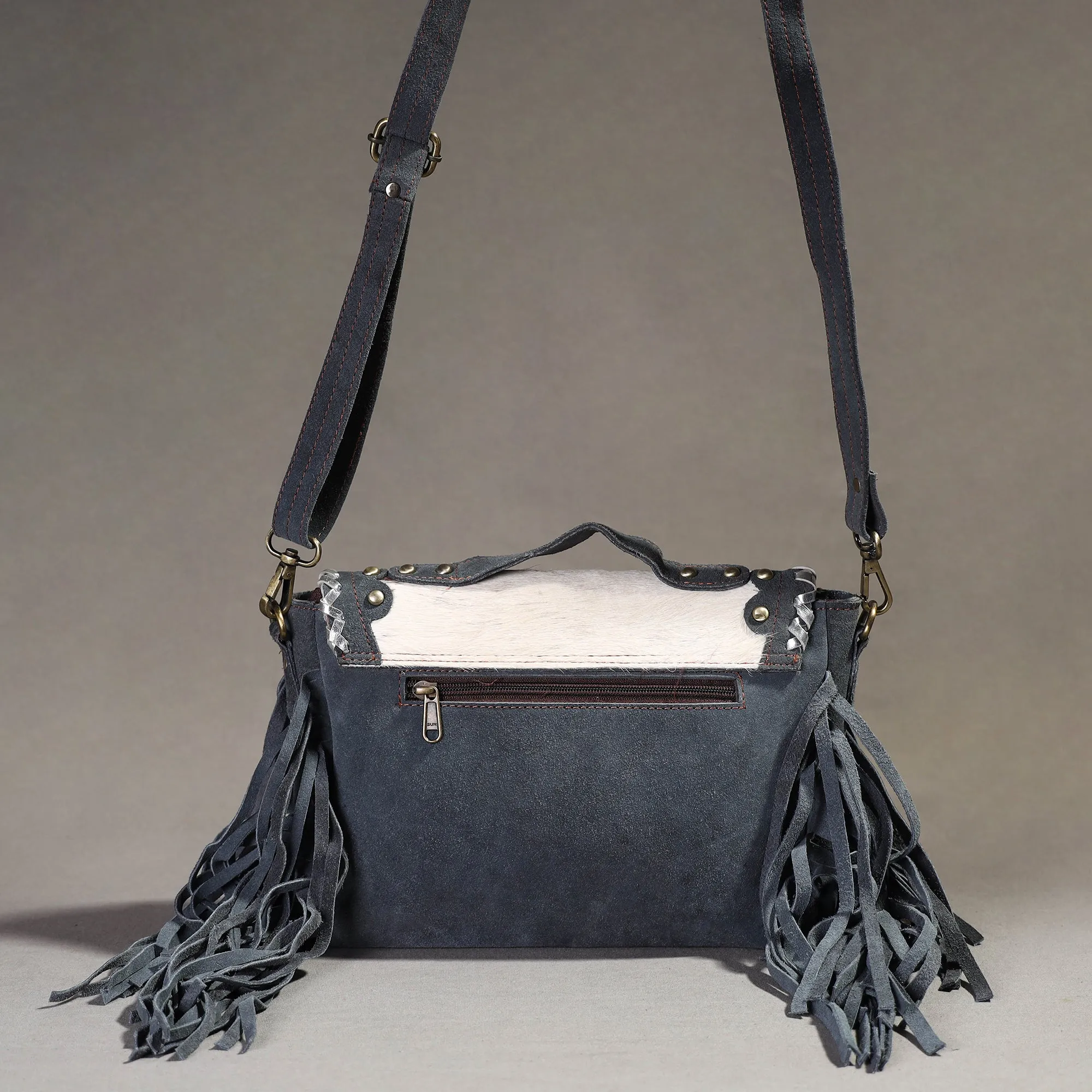 Grey - Handcrafted Fur Leather Fringe Sling Bag with Blue Stone