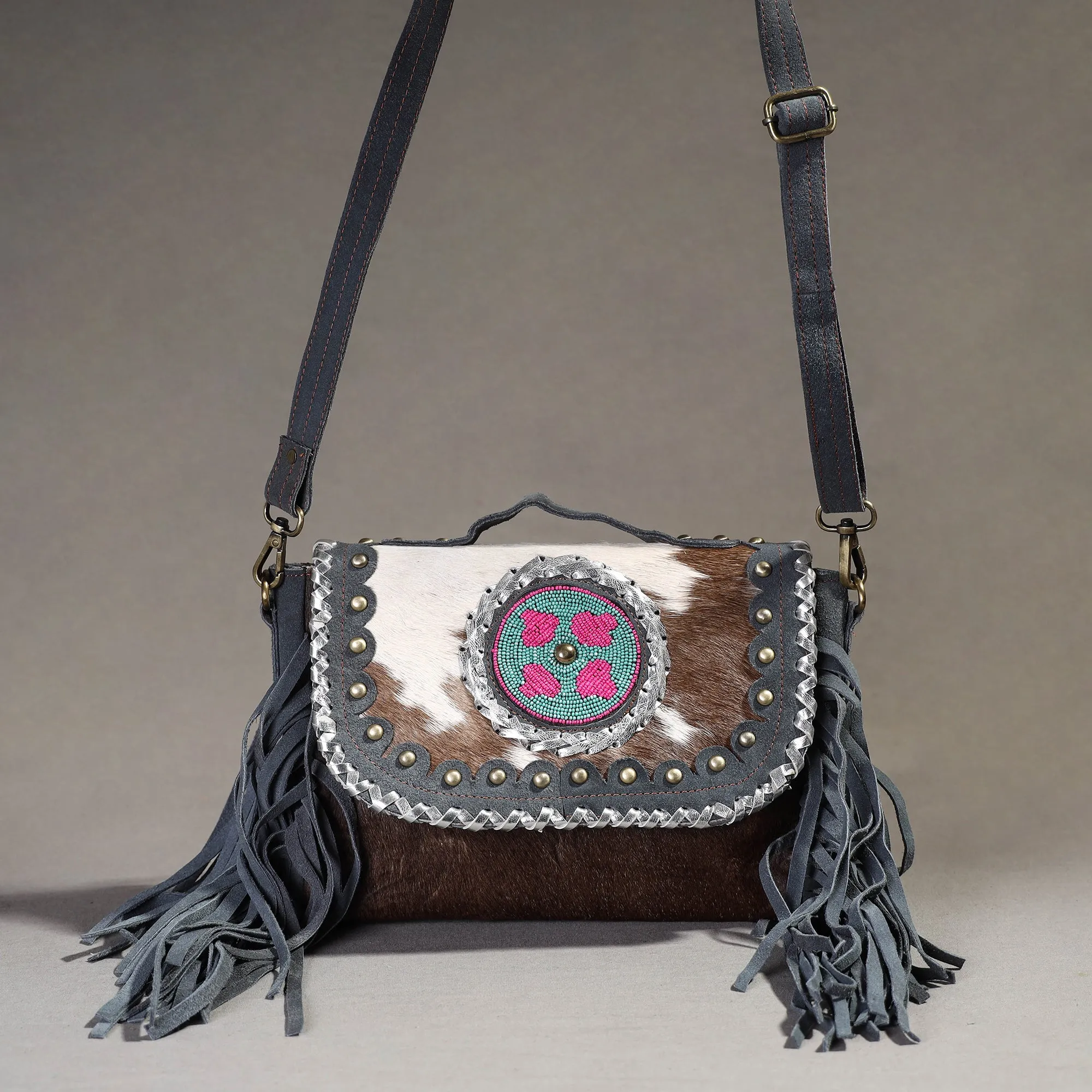 Grey - Handcrafted Fur Leather Fringe Sling Bag with Blue Stone