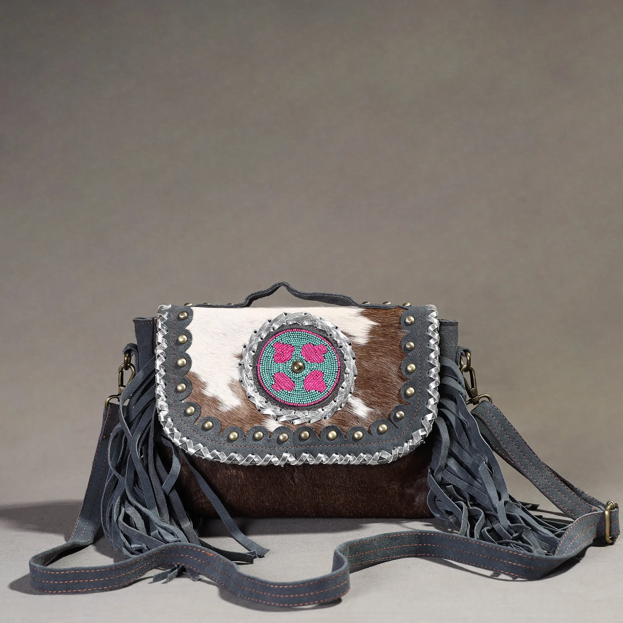 Grey - Handcrafted Fur Leather Fringe Sling Bag with Blue Stone