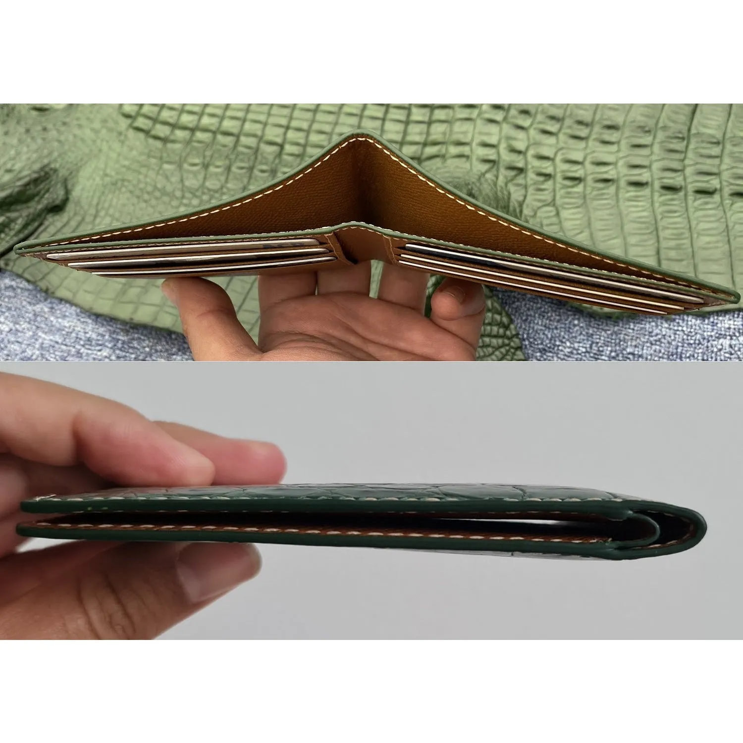 Hand Stitching Slim Green Alligator Bifold Wallet RFID Blocking | VINAM-87