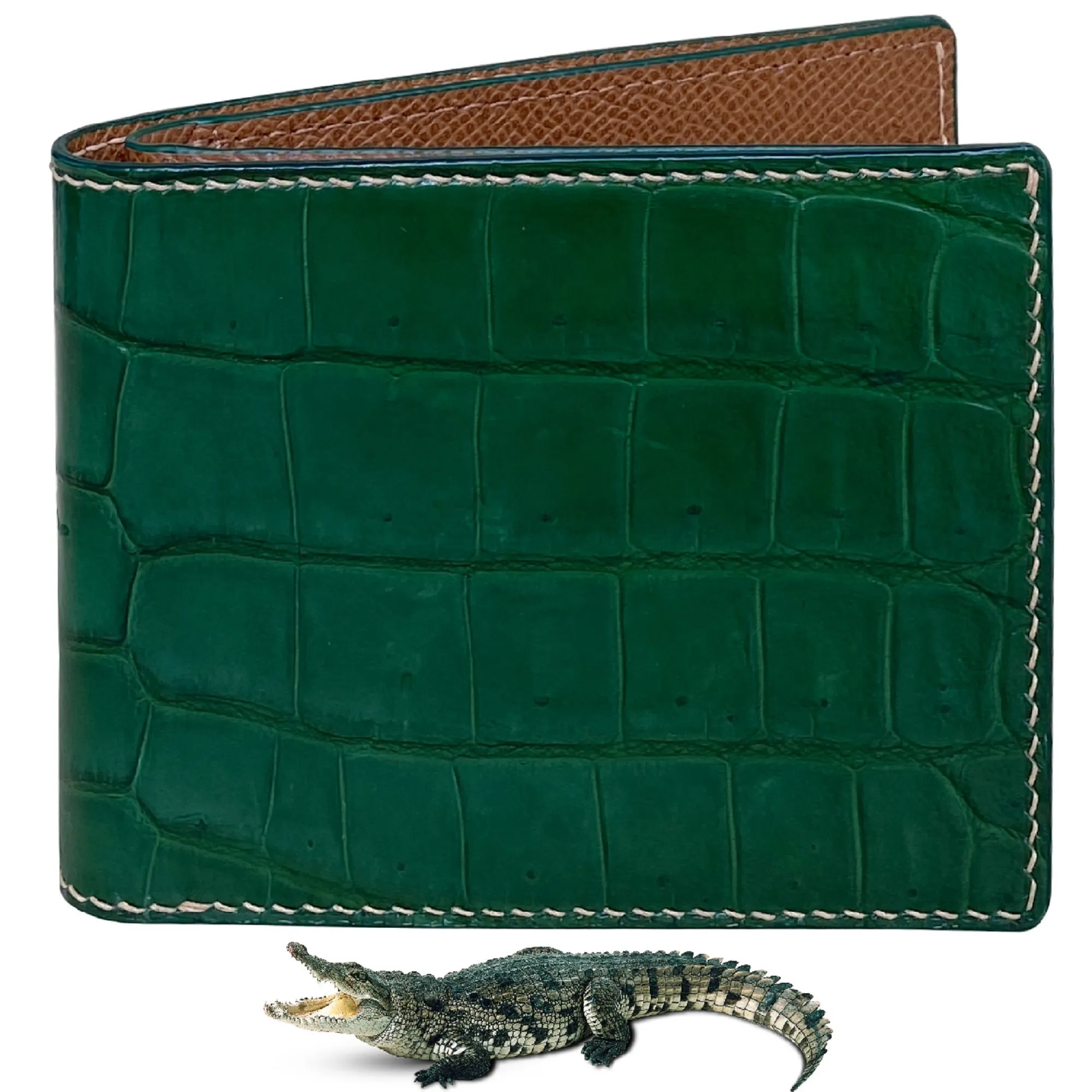 Hand Stitching Slim Green Alligator Bifold Wallet RFID Blocking | VINAM-87